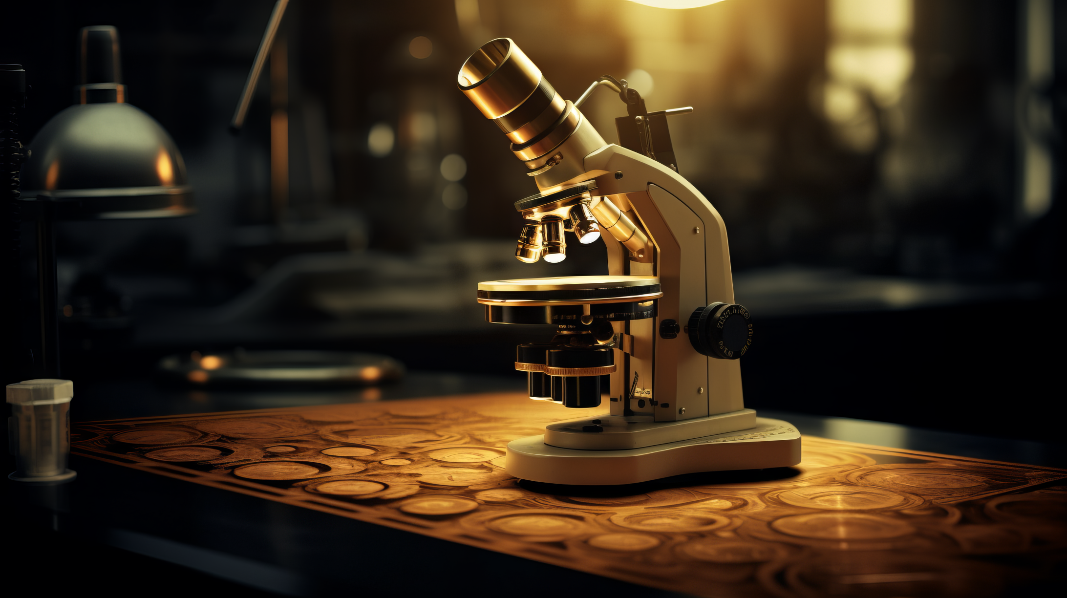 HD desktop wallpaper featuring a professional microscope on a table illuminated by warm ambient light, ideal for medical and scientific themes.