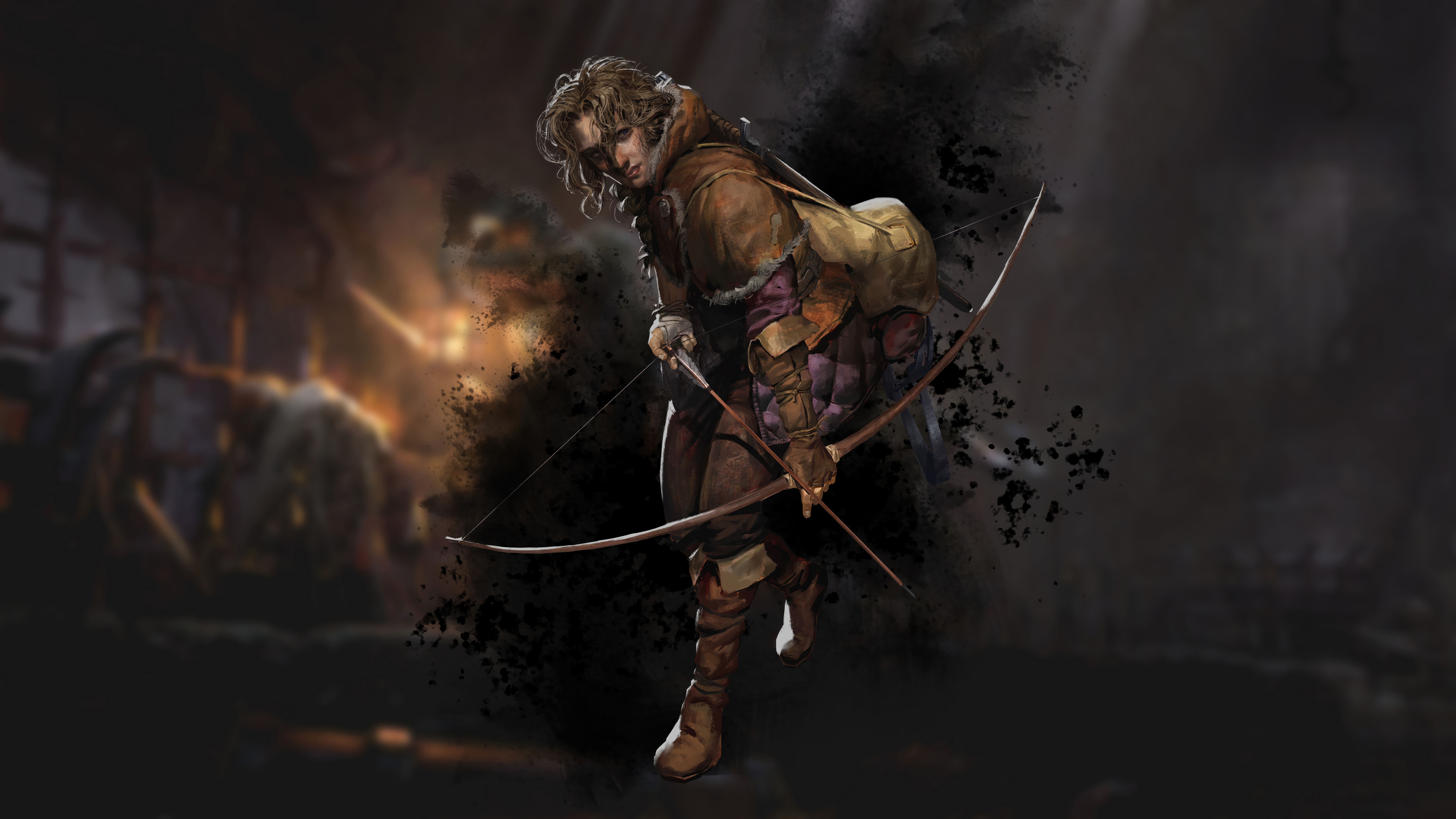 HD wallpaper featuring a medieval archer from the game Dark and Darker, poised for battle against a fiery background.