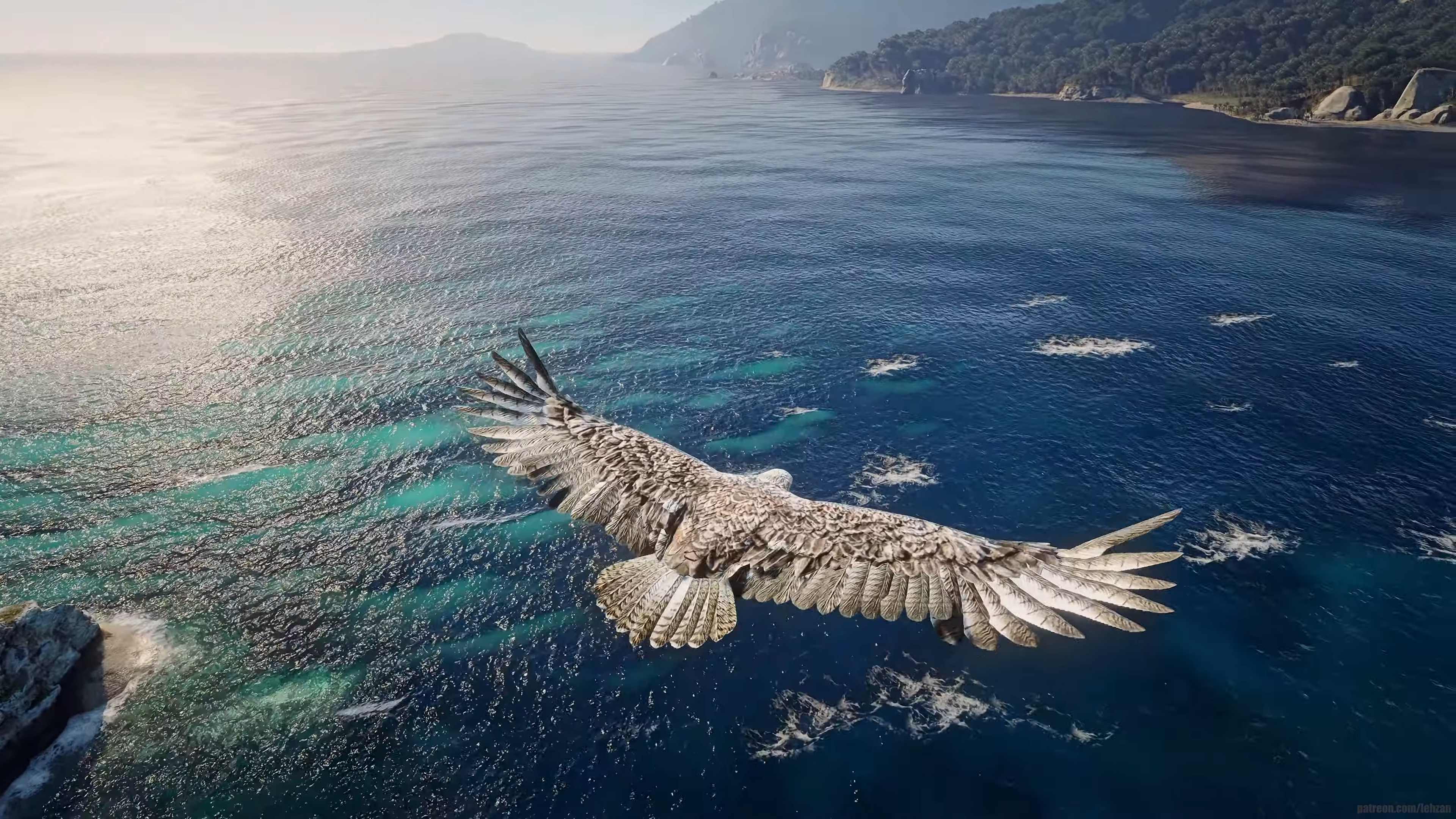 Majestic eagle soaring above a vast sea in a cinematic shot reminiscent of Red Dead Redemption 2, perfect HD wallpaper for gaming enthusiasts.