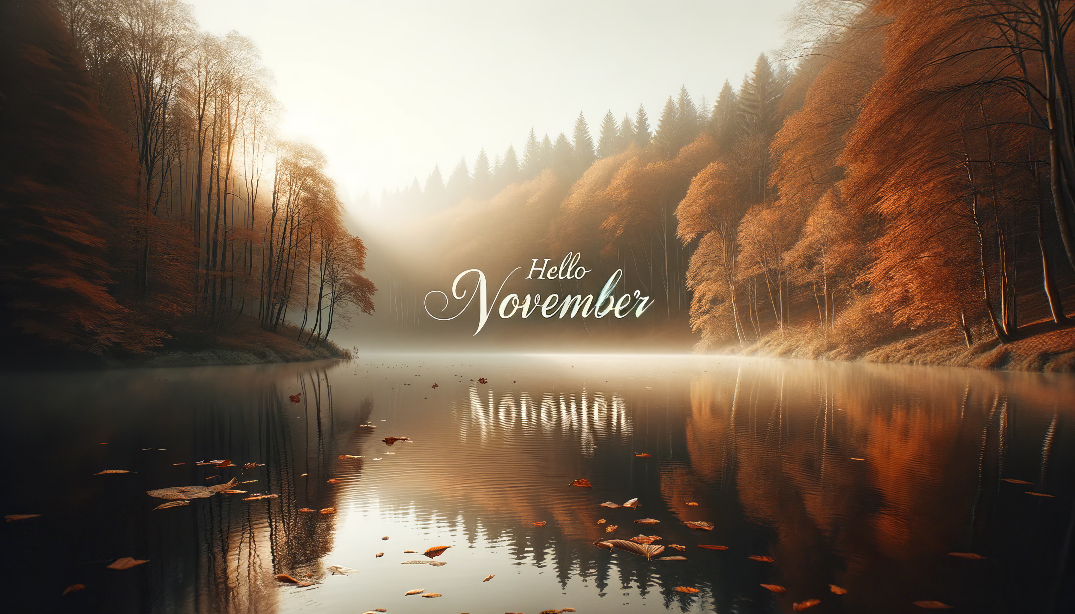 Misty autumn forest with Hello November text reflected on calm lake for HD desktop wallpaper.