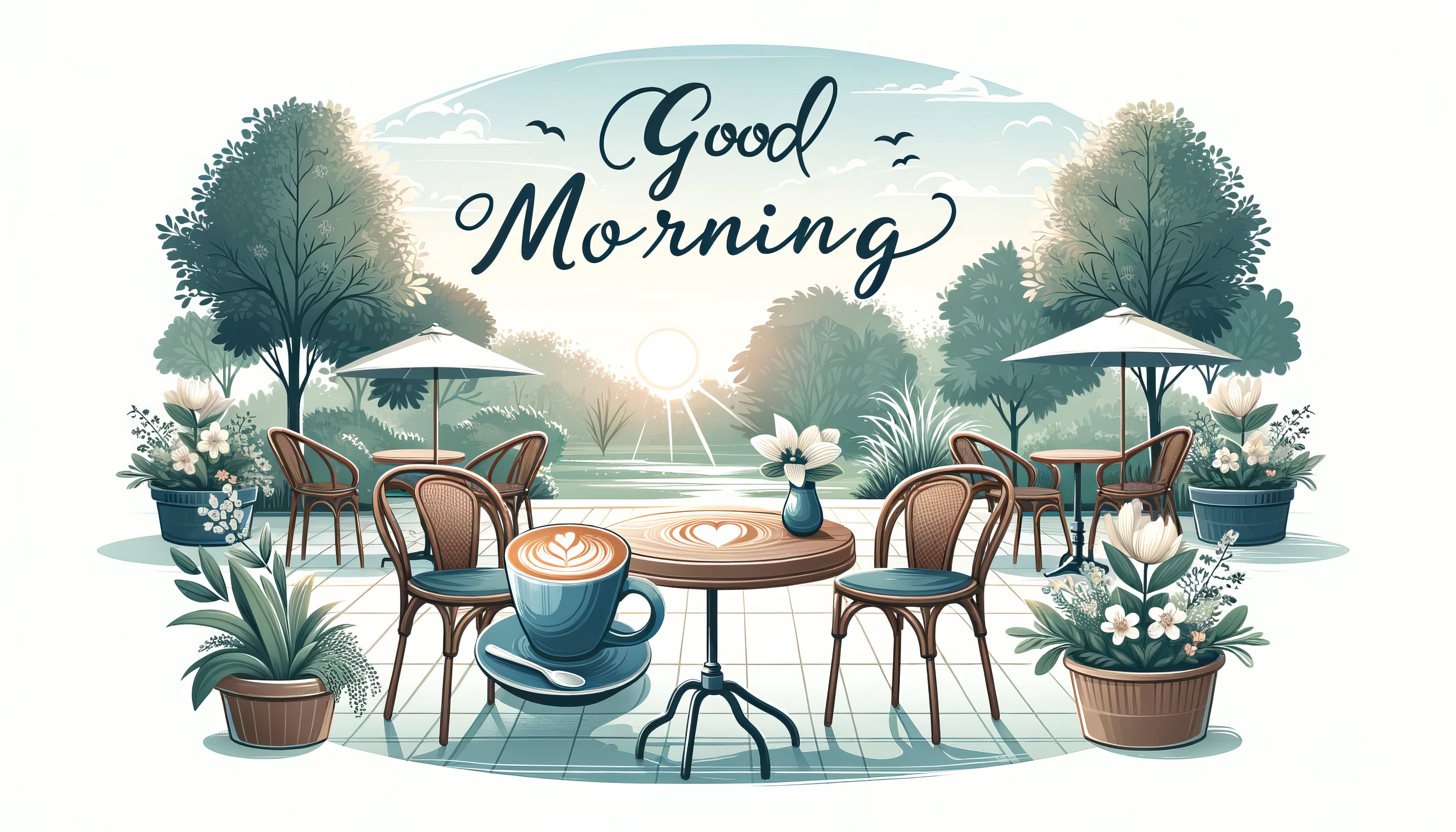 Illustration of a serene morning coffee setup with chairs and table surrounded by plants and a 'Good Morning' message for HD desktop wallpaper.