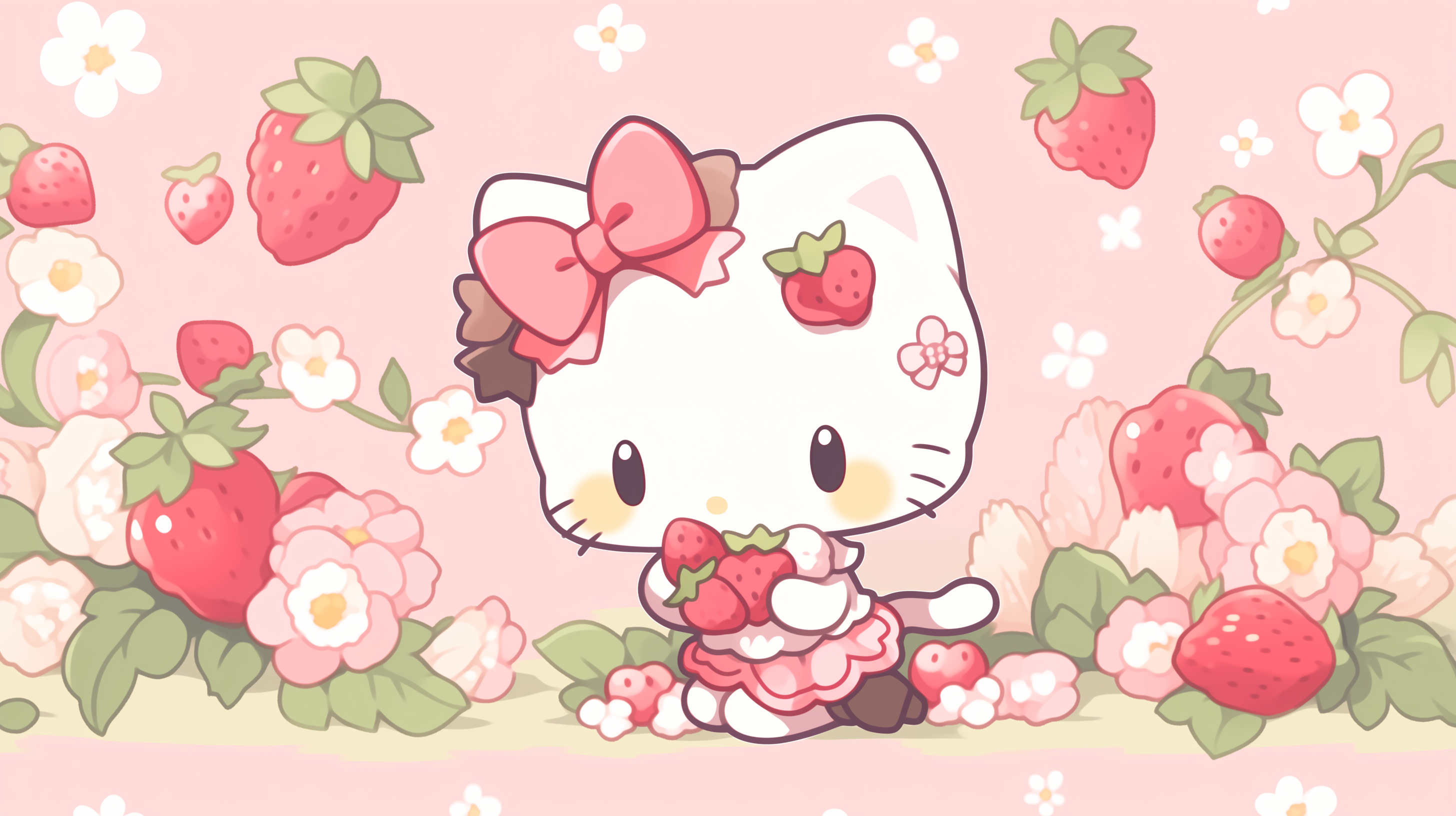 Hello Kitty with strawberries and flowers on a pink background for HD desktop wallpaper.