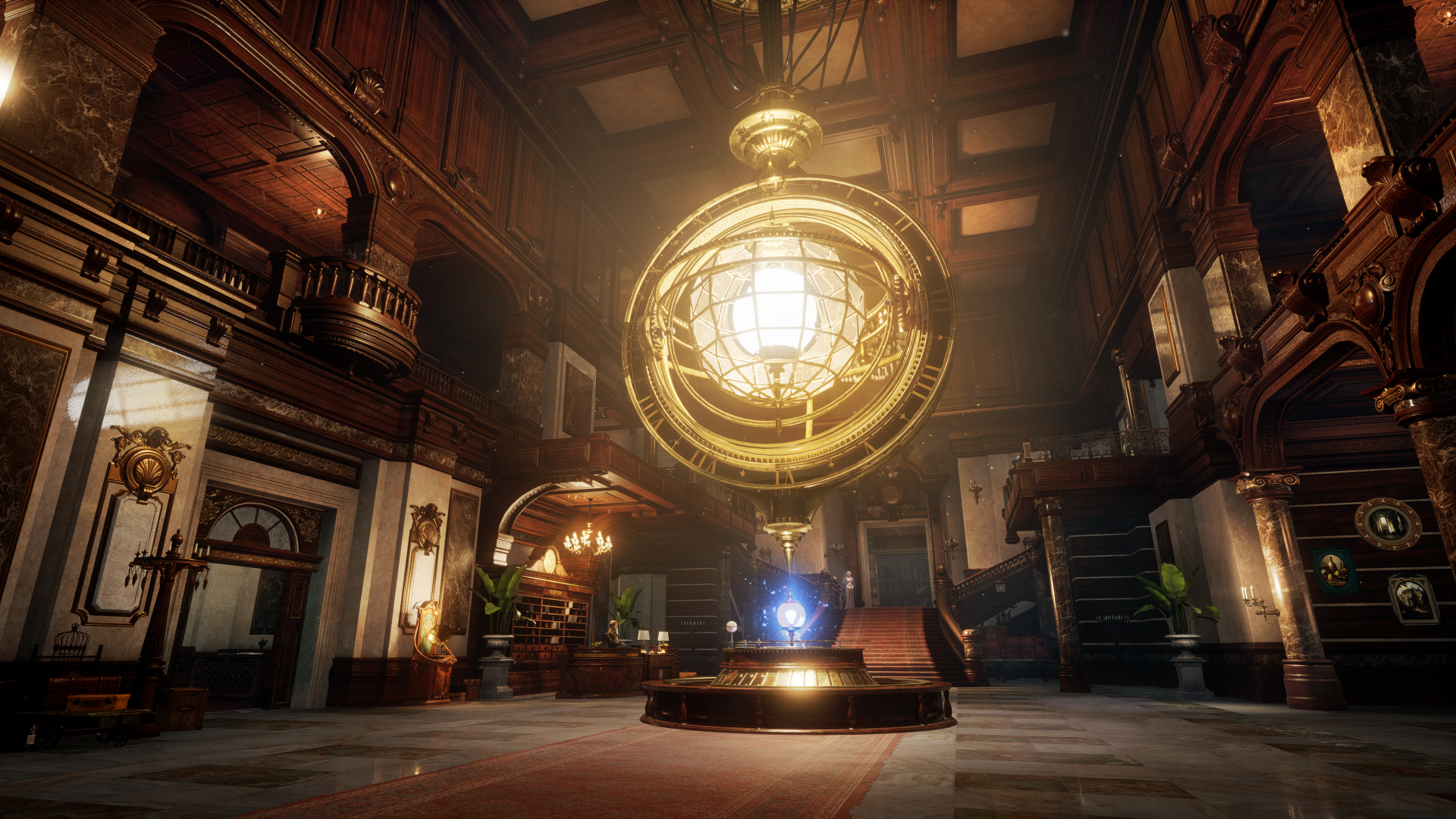 A stunning HD wallpaper from the video game Lies Of P, showcasing an opulent interior with a grand golden light fixture and elegant architectural details.