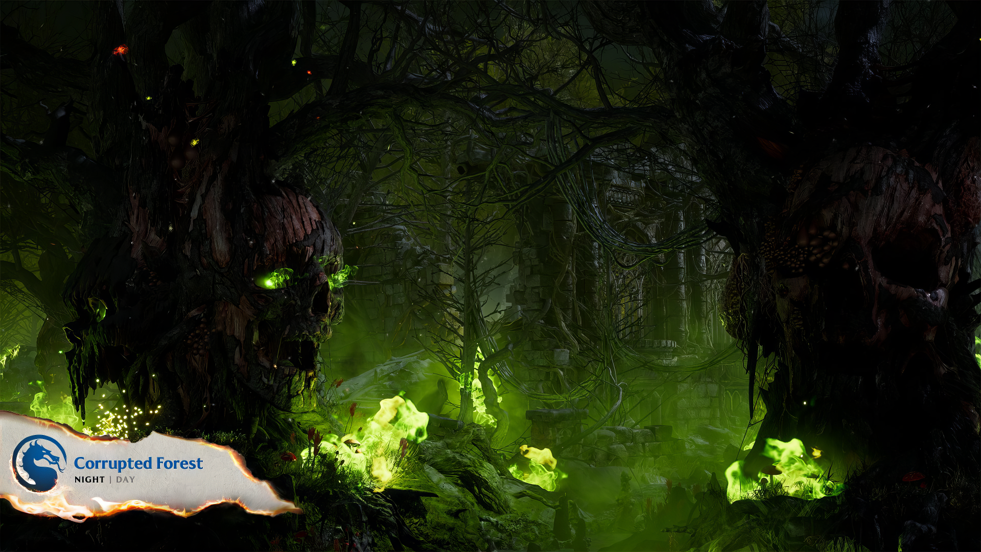 HD desktop wallpaper featuring a dark, mystical forest labeled Corrupted Forest from the video game Mortal Kombat 1, with eerie green lights and dense, twisted trees.