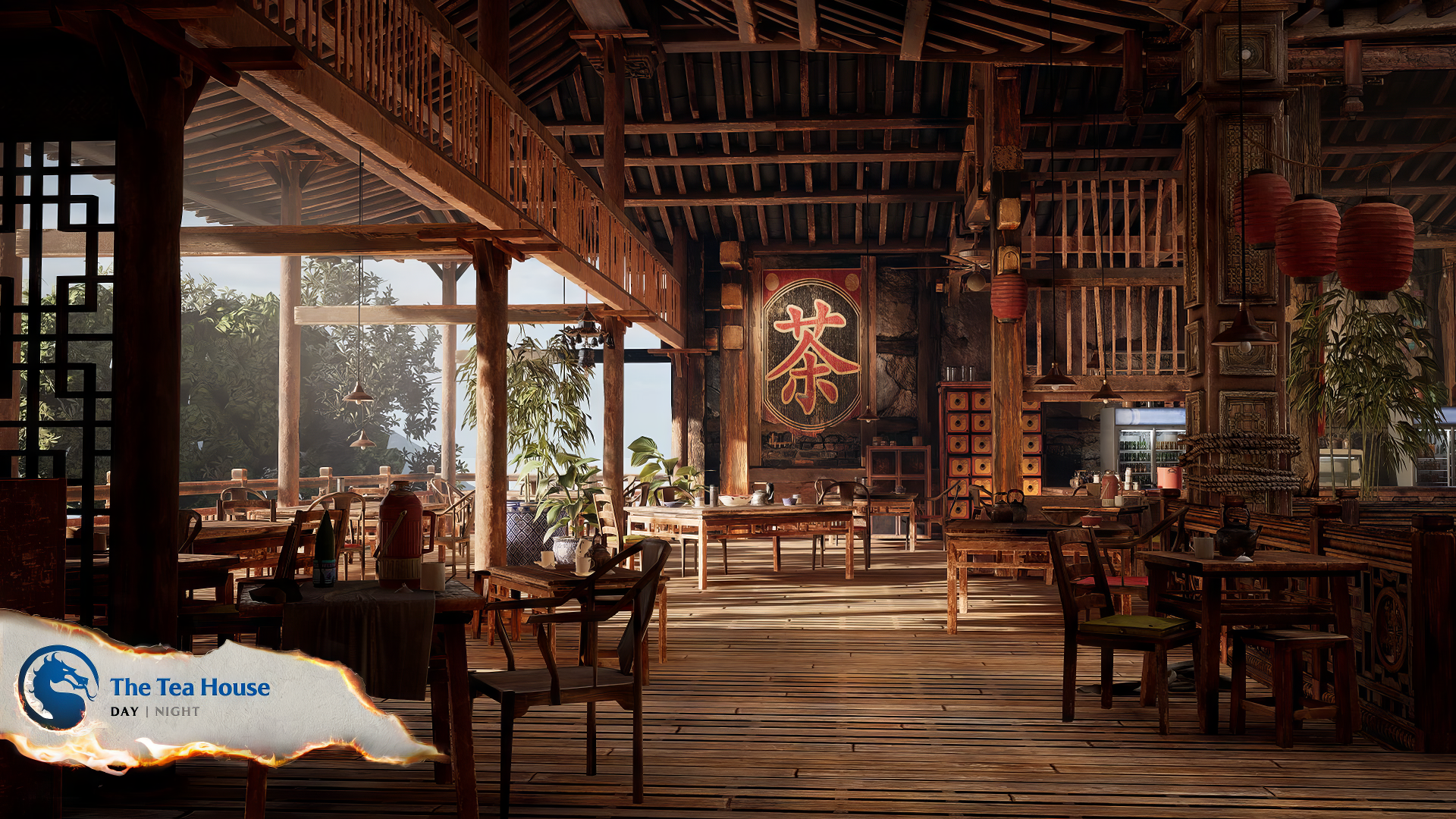 HD desktop wallpaper of a traditional tea house scene from the video game Mortal Kombat 1, featuring intricate woodwork and serene decor.