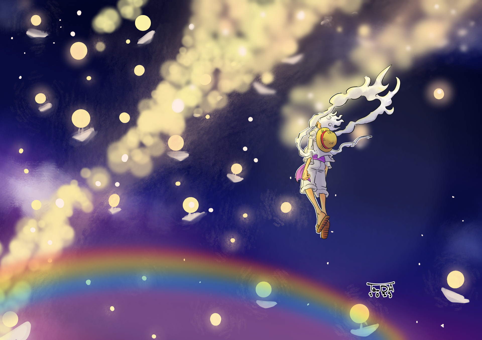 HD anime wallpaper featuring Monkey D. Luffy in Gear 5 from One Piece, soaring through a starry sky with glowing orbs and a vibrant rainbow below.