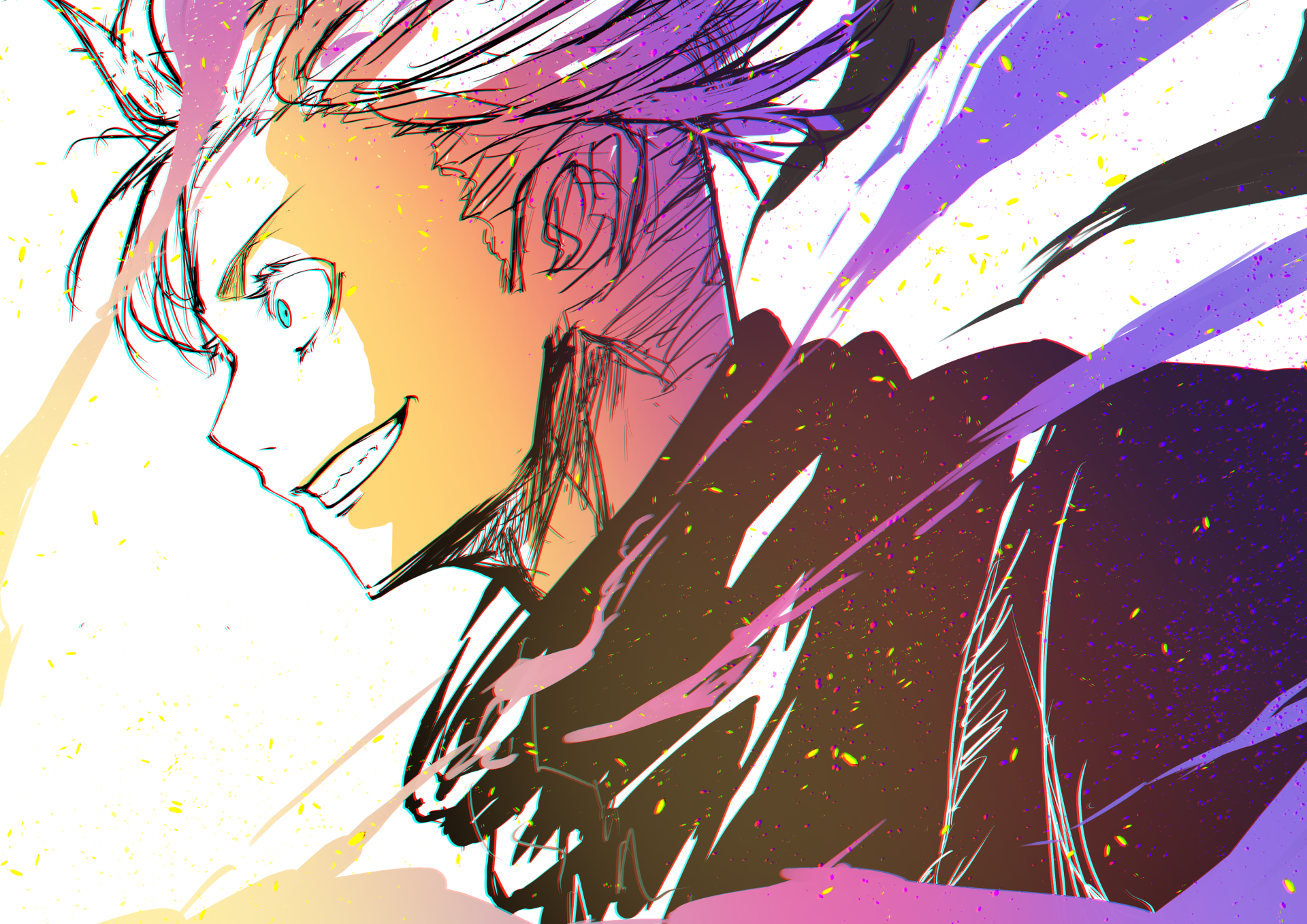 Vibrant 4K Ultra HD anime wallpaper featuring Satoru Gojo from Jujutsu Kaisen with dynamic brush strokes and vivid colors on a dark background.