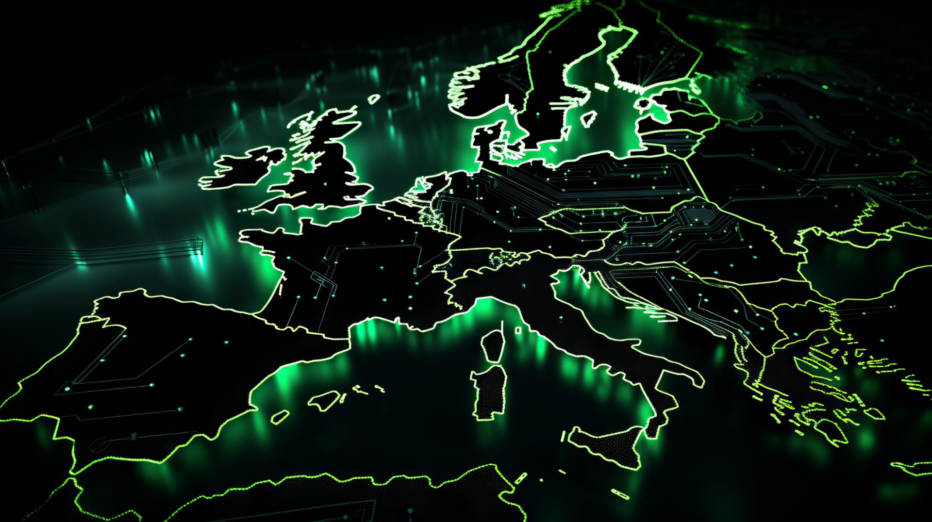 HD desktop wallpaper featuring a stylized map of Europe in glowing green lines on a dark, high-tech background.