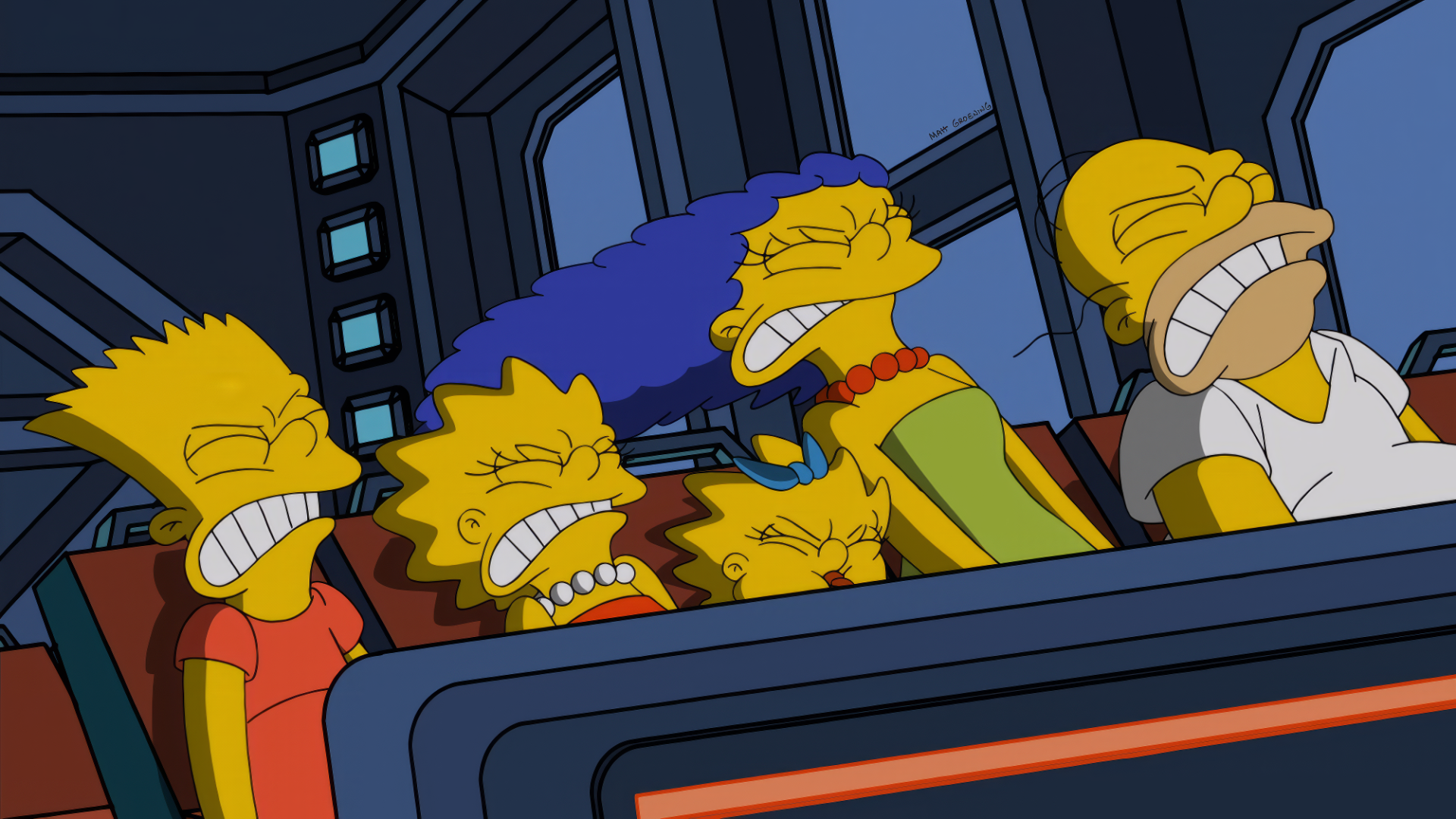 A vibrant HD wallpaper featuring the Simpson family with exaggerated expressions, capturing a comedic moment from the classic TV show The Simpsons.