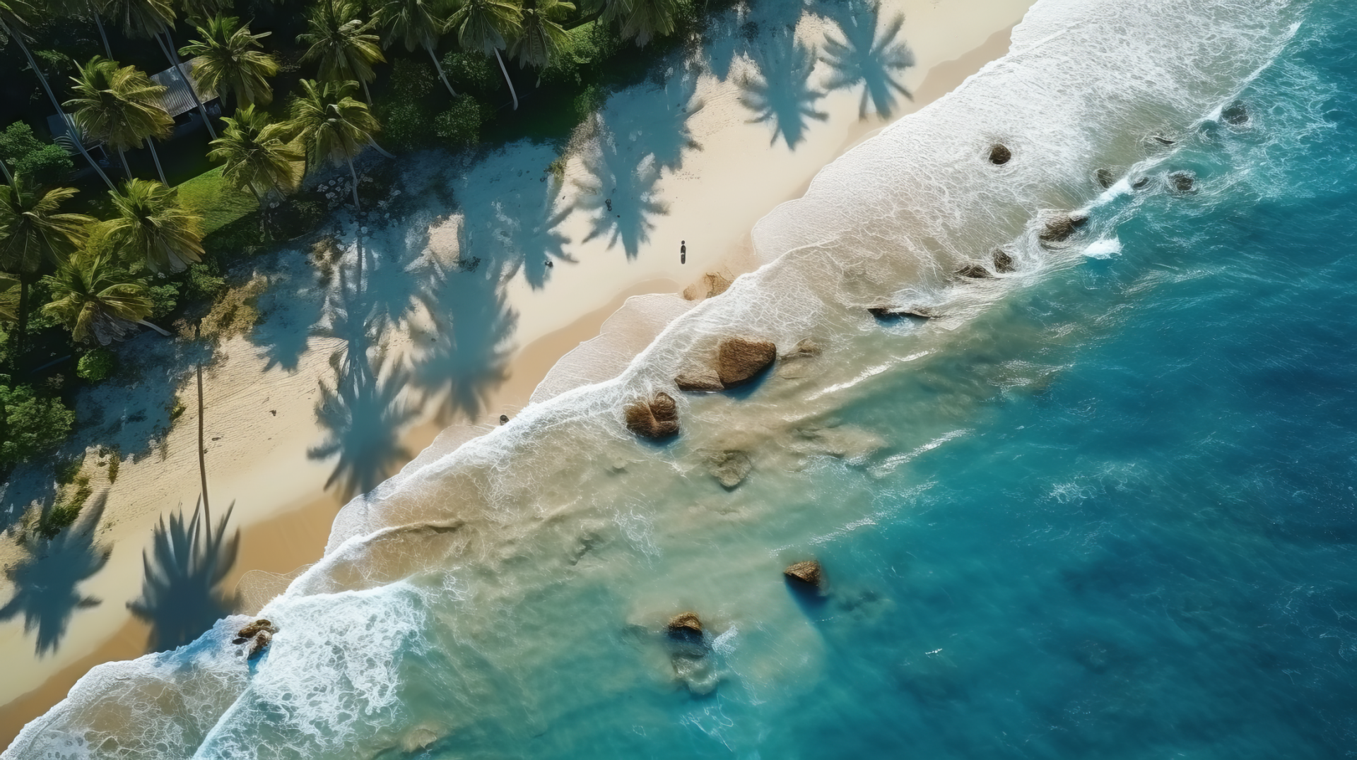 A stunning HD desktop wallpaper showcasing a serene beach with palm trees, gentle waves, and rocky textures, capturing the essence of tropical paradise.