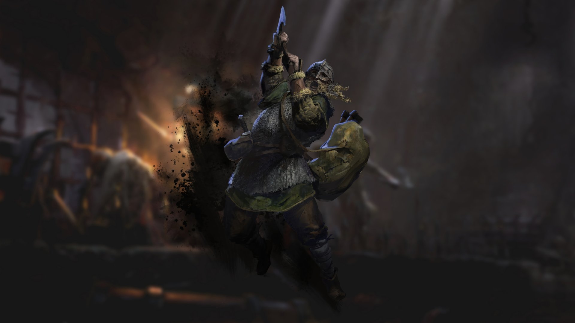 HD desktop wallpaper featuring a barbarian character from the video game Dark and Darker, charging into battle with a spear, set against a dark, fiery battlefield backdrop.