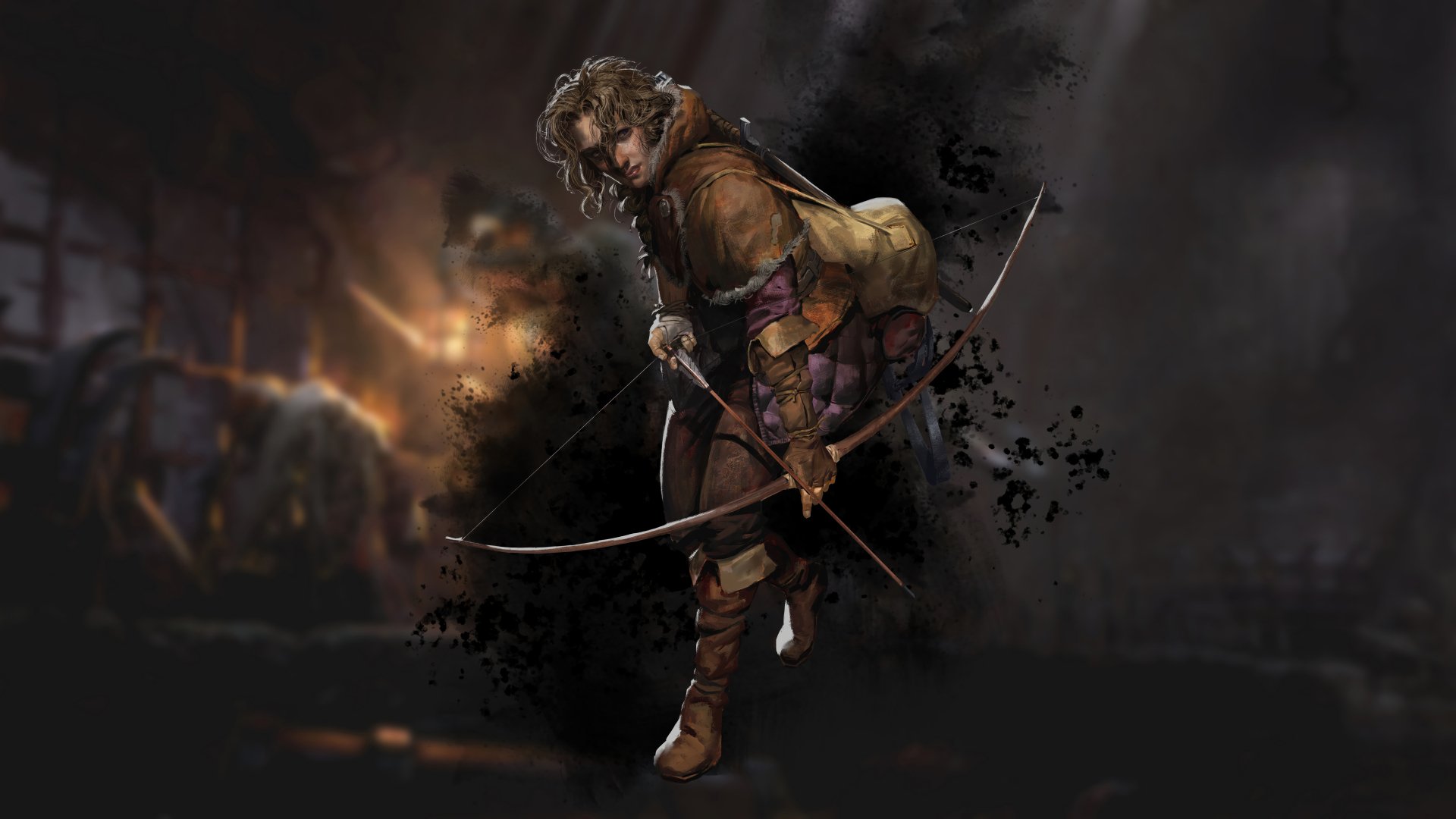 HD desktop wallpaper from the video game Dark and Darker featuring an archer in a dynamic pose with a drawn bow, set against a dark, fiery battlefield background.