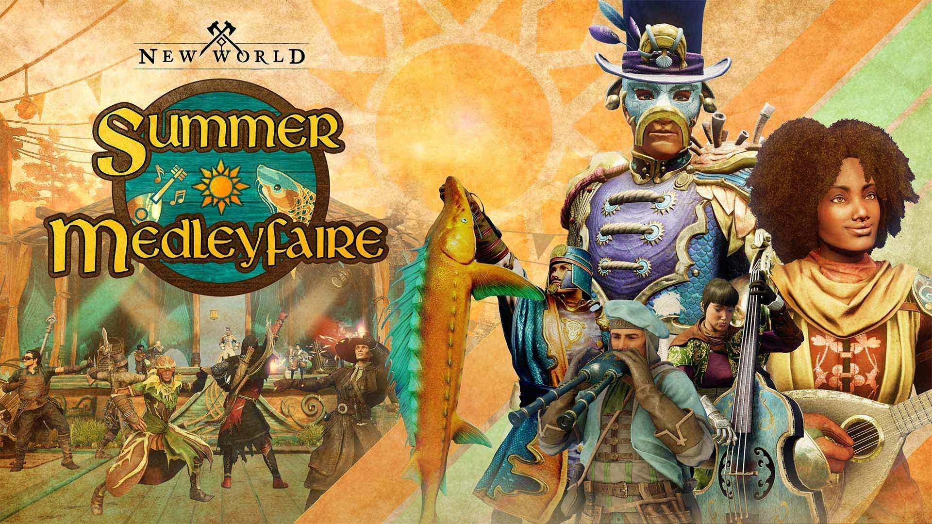 HD desktop wallpaper and background featuring characters from the video game New World promoting the Summer Medleyfaire event, showcasing diverse characters and vibrant themes.
