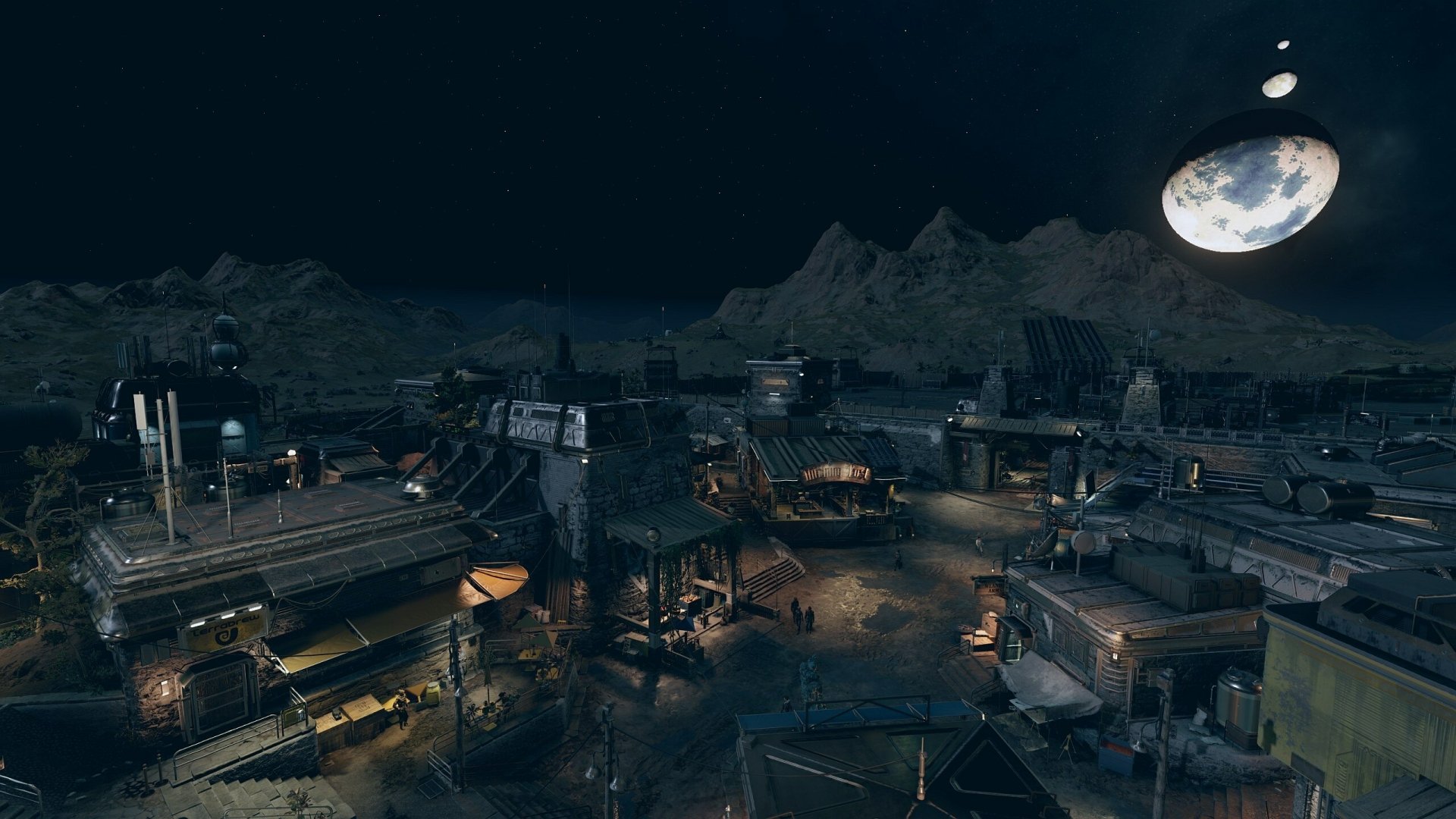 A stunning HD desktop wallpaper from the video game Starfield, showcasing a futuristic settlement under a starry sky and a large celestial body in the background.