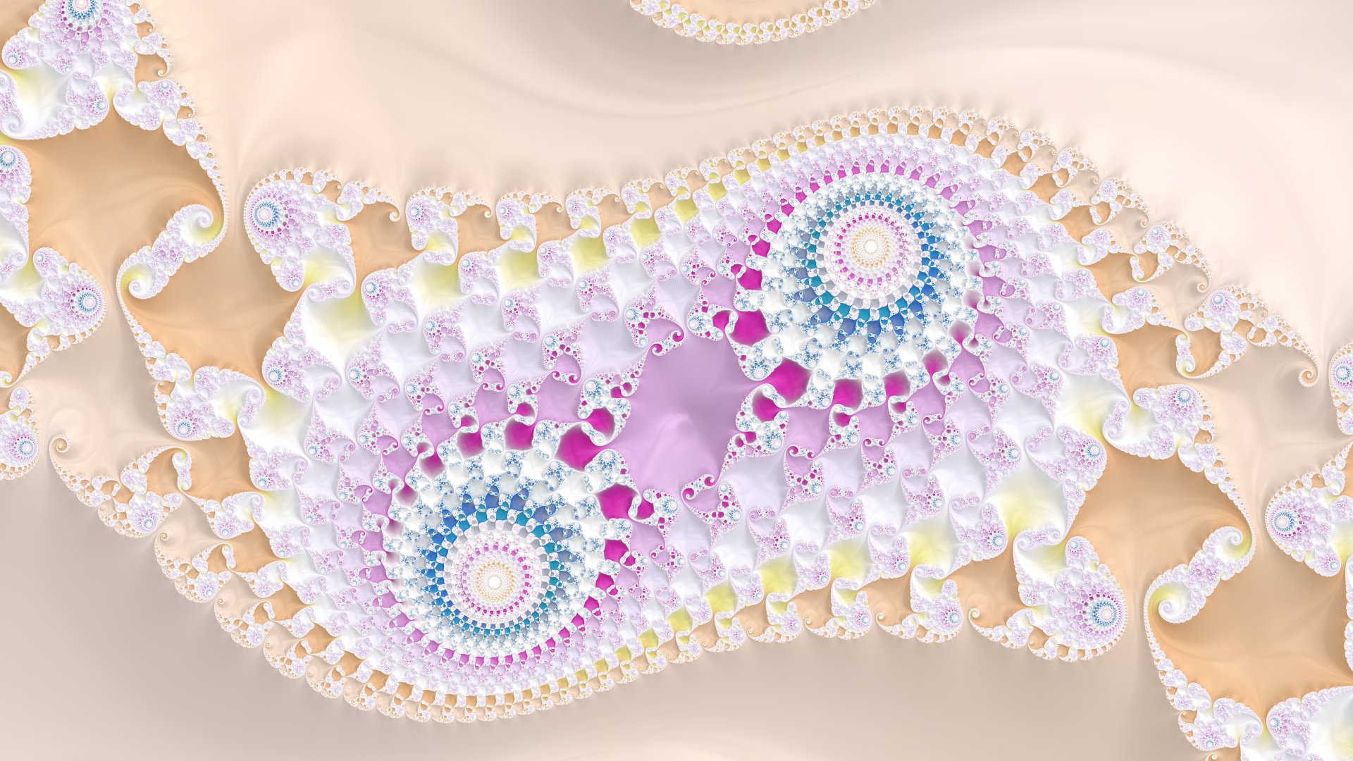 Colorful abstract fractal with orange-tinged pastel spirals and mandala-like patterns — 8K Ultra HD PC desktop wallpaper and background.