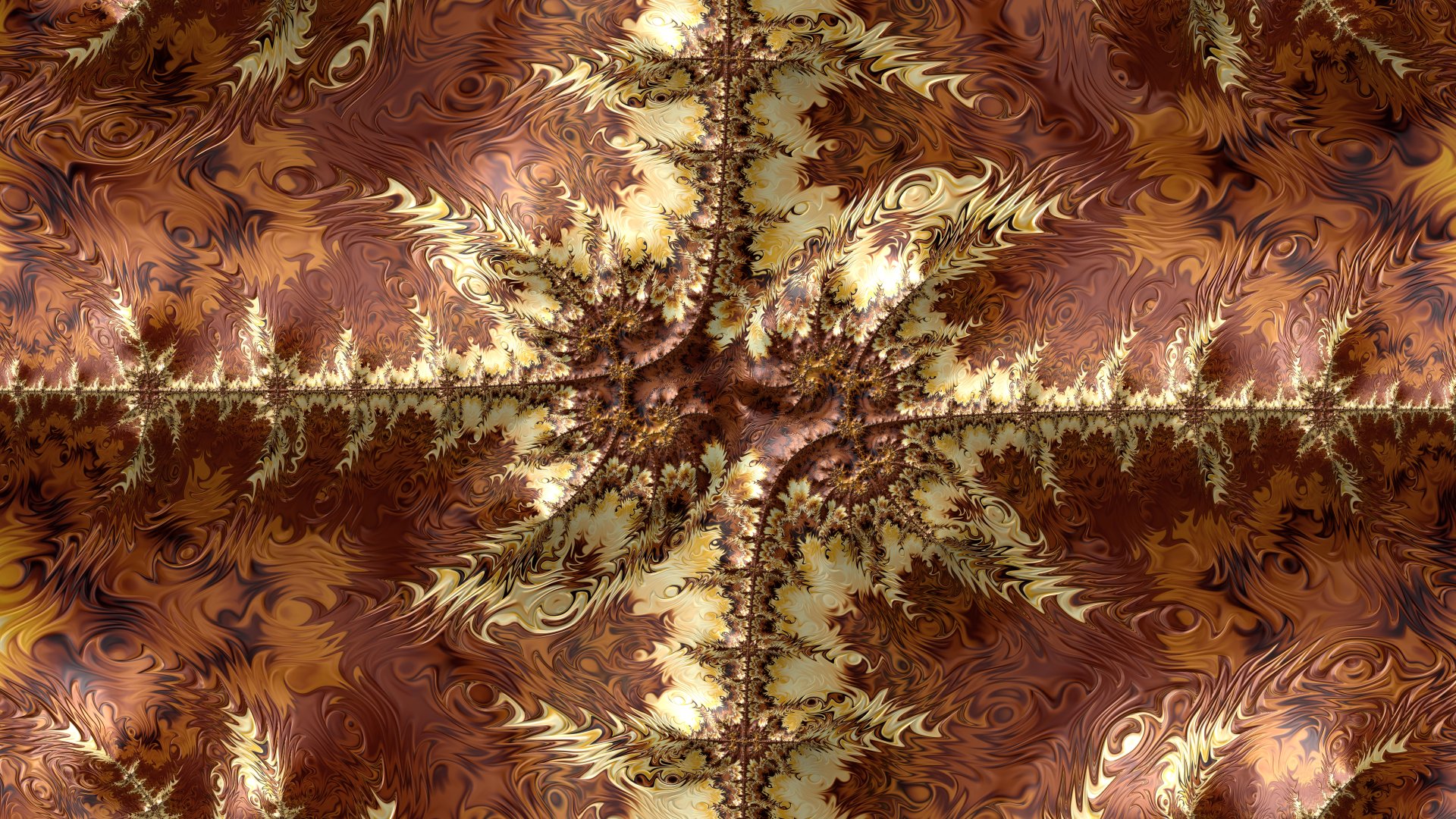 Colorful orange abstract fractal of symmetrical swirling fern-like tendrils and ornate gold textures, 8K Ultra HD PC desktop wallpaper/background.