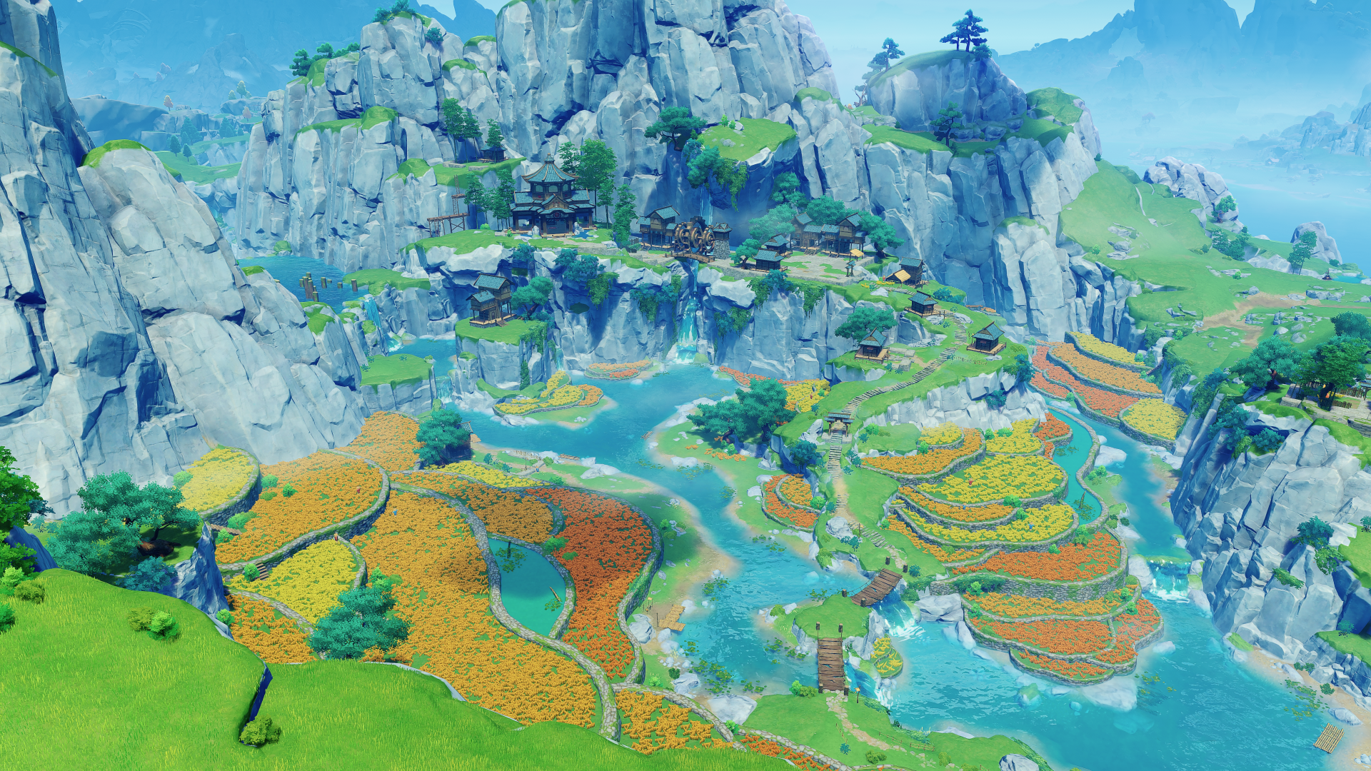 4K Ultra HD PC desktop wallpaper featuring a vibrant landscape from the video game Genshin Impact, showcasing terraced fields, rocky cliffs, and serene waters.