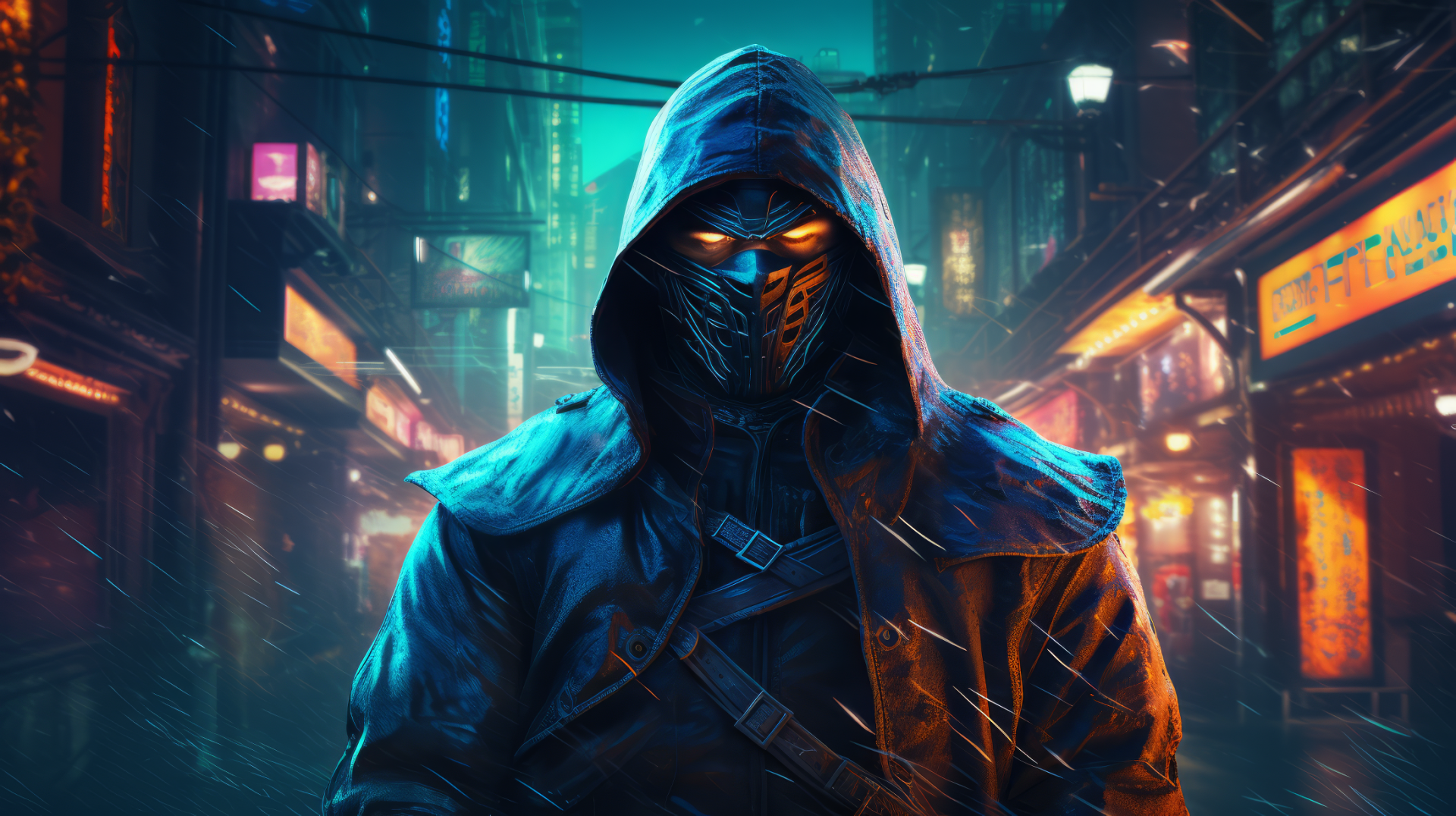 HD desktop wallpaper of a cyberpunk ninja warrior standing in a neon-lit futuristic cityscape, embodying a blend of fantasy and warrior themes.