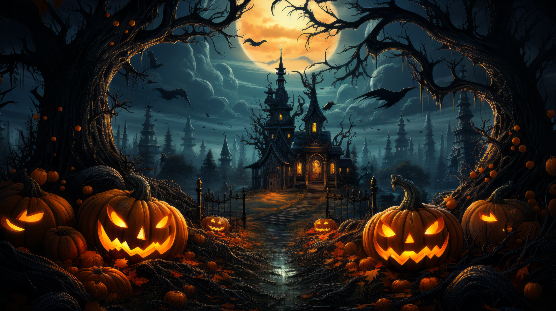 Spooky Halloween themed HD desktop wallpaper featuring carved pumpkin lanterns and a haunted house silhouette under a full moon.