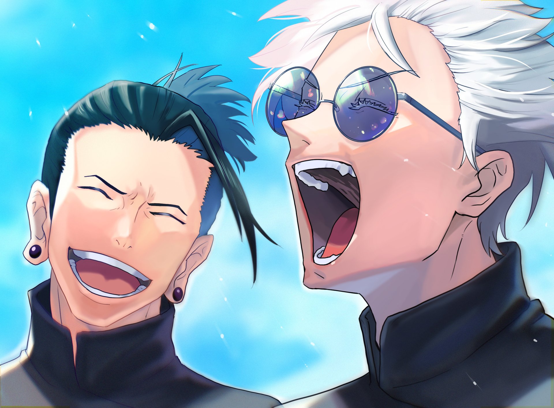 High-definition desktop wallpaper featuring Suguru Geto and Satoru Gojo from the anime Jujutsu Kaisen, showcasing their lively expressions against a vibrant blue sky.