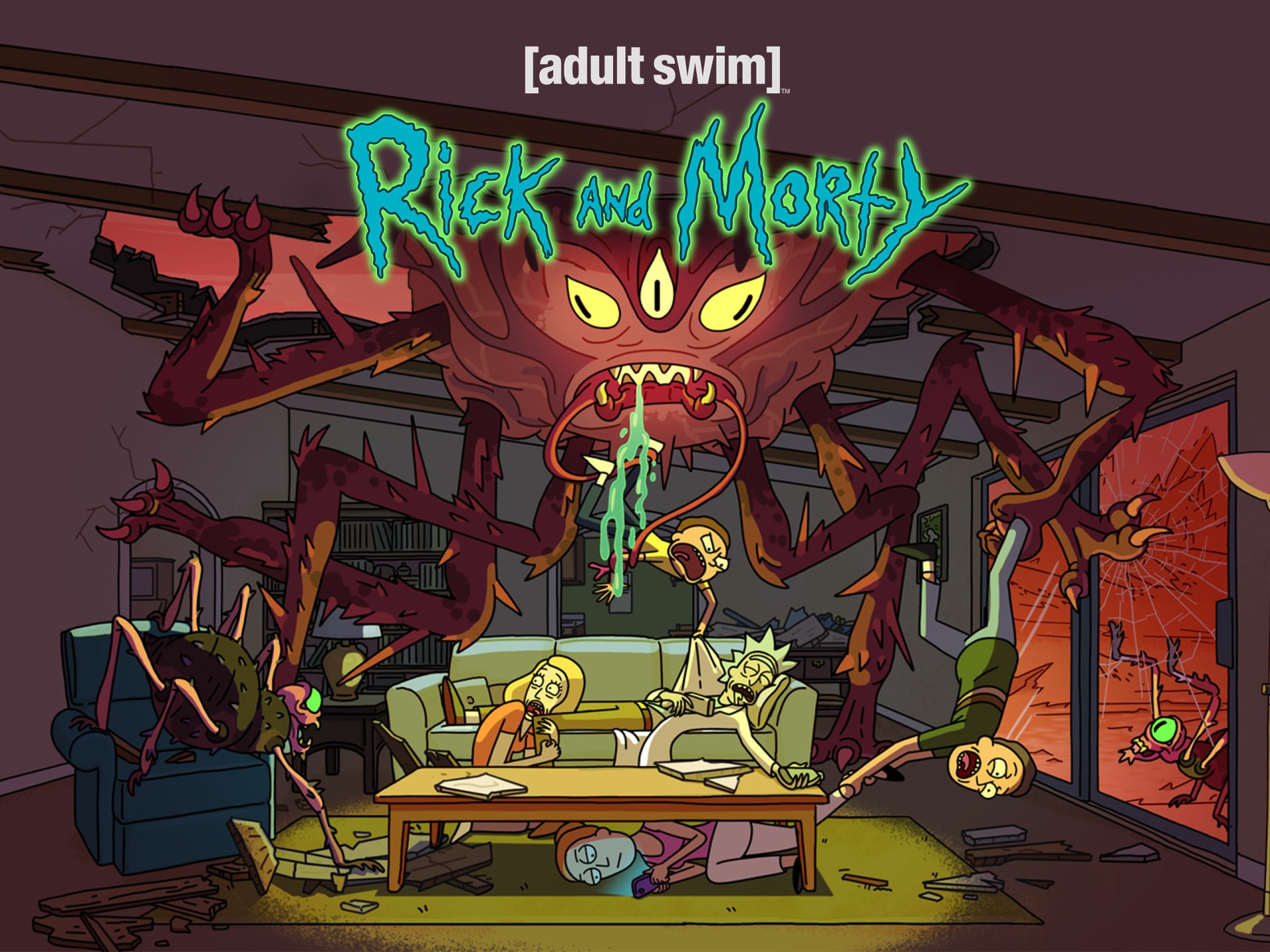 HD PC desktop wallpaper featuring a chaotic scene from the TV show Rick and Morty, with characters confronting a monstrous creature in a dimly lit room.