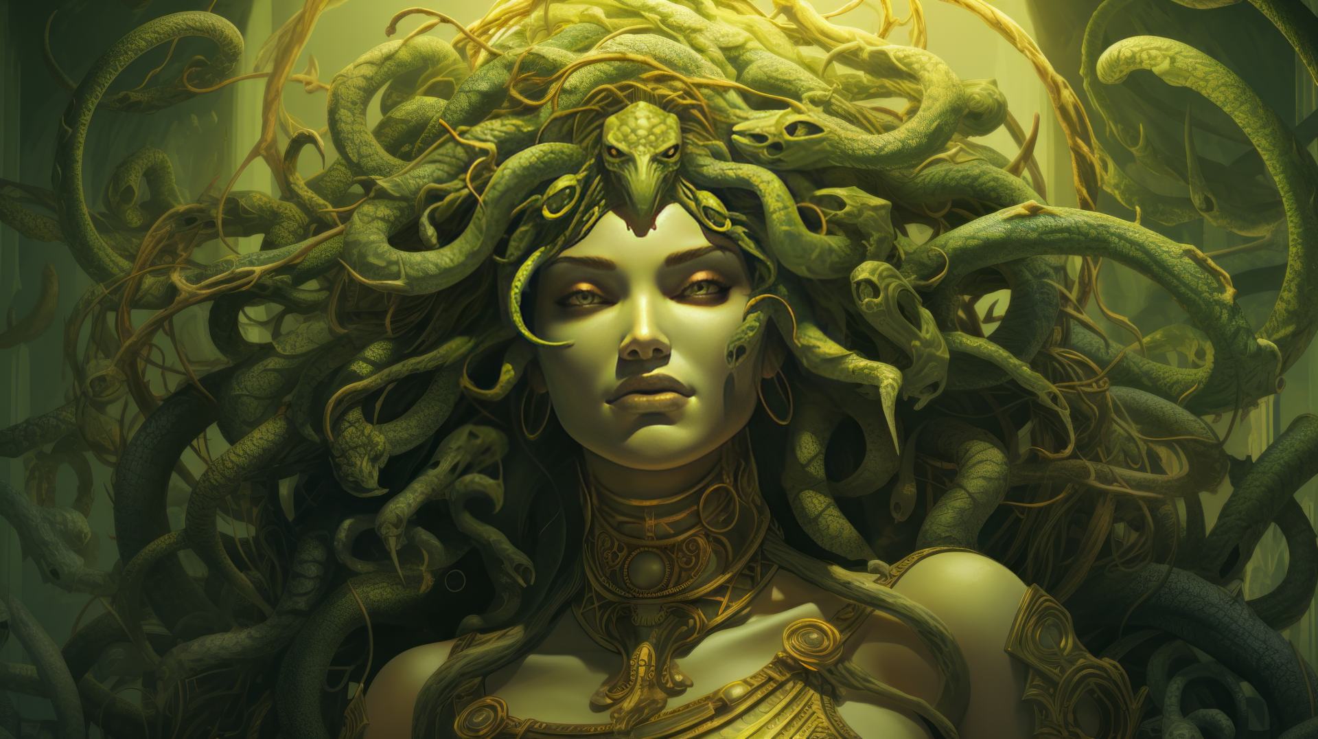 HD desktop wallpaper featuring a green-themed illustration of the mythical character Medusa with snake hair.