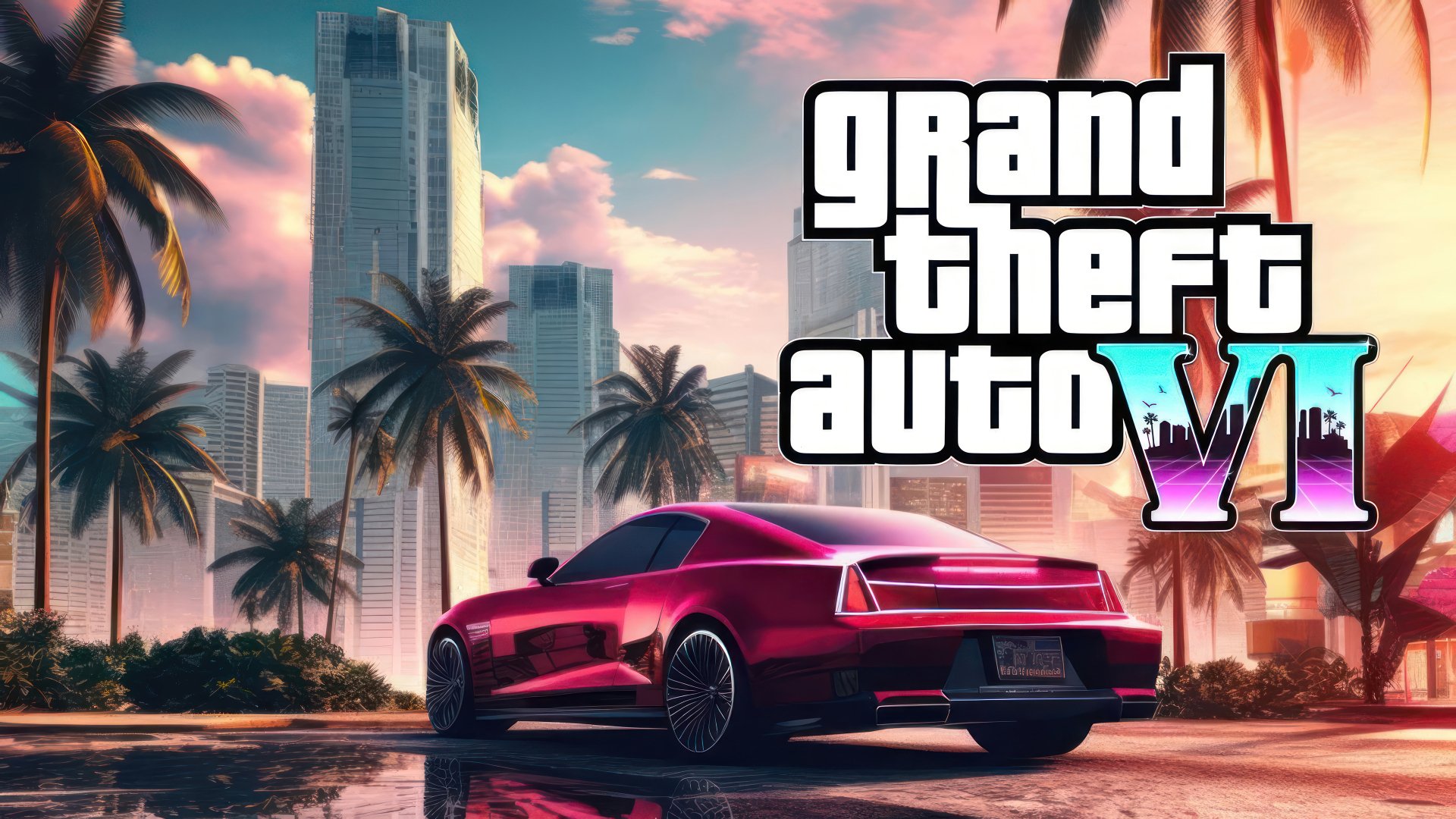 HD desktop wallpaper for Grand Theft Auto VI featuring a stylish red car against a vibrant cityscape with palm trees and skyscrapers under a sunset sky.
