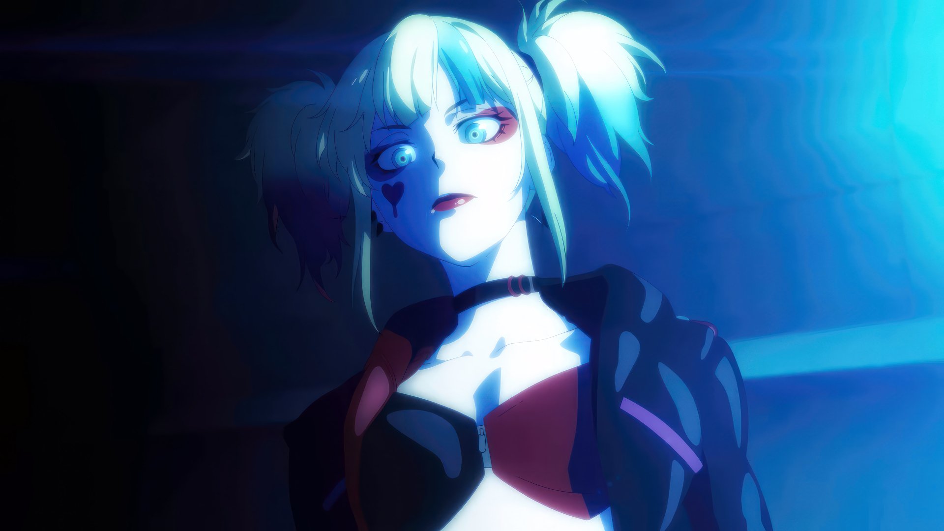 HD desktop wallpaper featuring Harley Quinn in an anime style from Suicide Squad Isekai with a moody blue-toned backdrop.