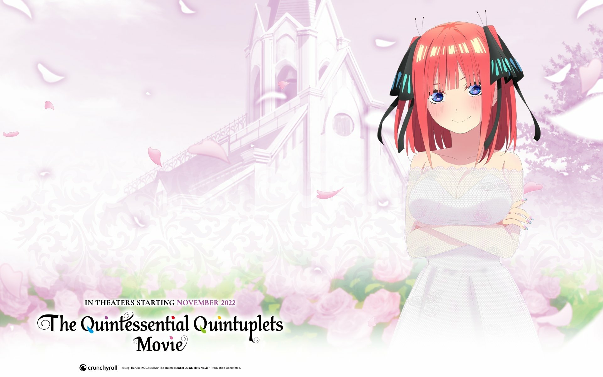 HD PC desktop wallpaper featuring Nino Nakano from the anime The Quintessential Quintuplets, set against a soft pink background with cherry blossoms and a church.