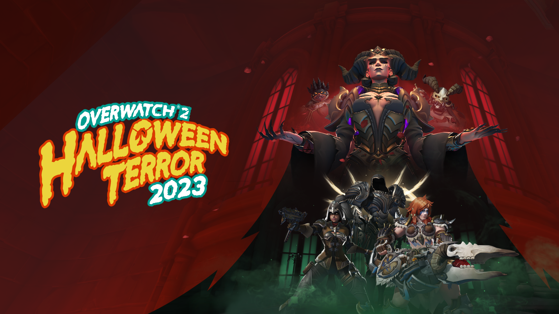 HD desktop wallpaper and background for Overwatch 2, featuring a Halloween Terror 2023 theme with a central character in a dramatic pose and themed elements.