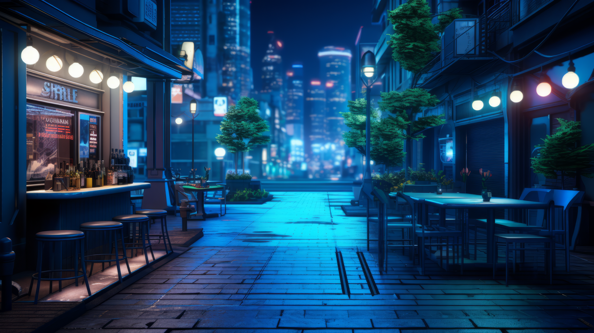 A serene lofi anime cityscape at night, featuring a quiet street lined with softly glowing bars and vibrant city lights, creating an immersive HD atmosphere for your desktop background.