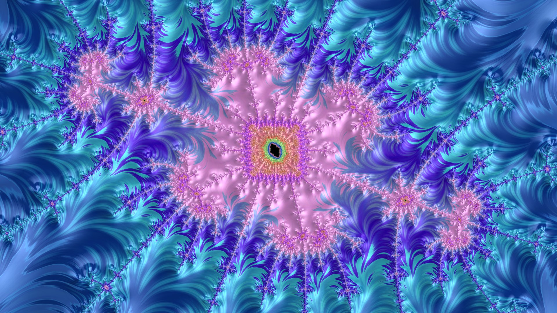 Trippy psychedelic trance fractal in blue and purple: an 8K Ultra HD PC desktop wallpaper of swirling abstract feathered patterns and a central blooming fractal.