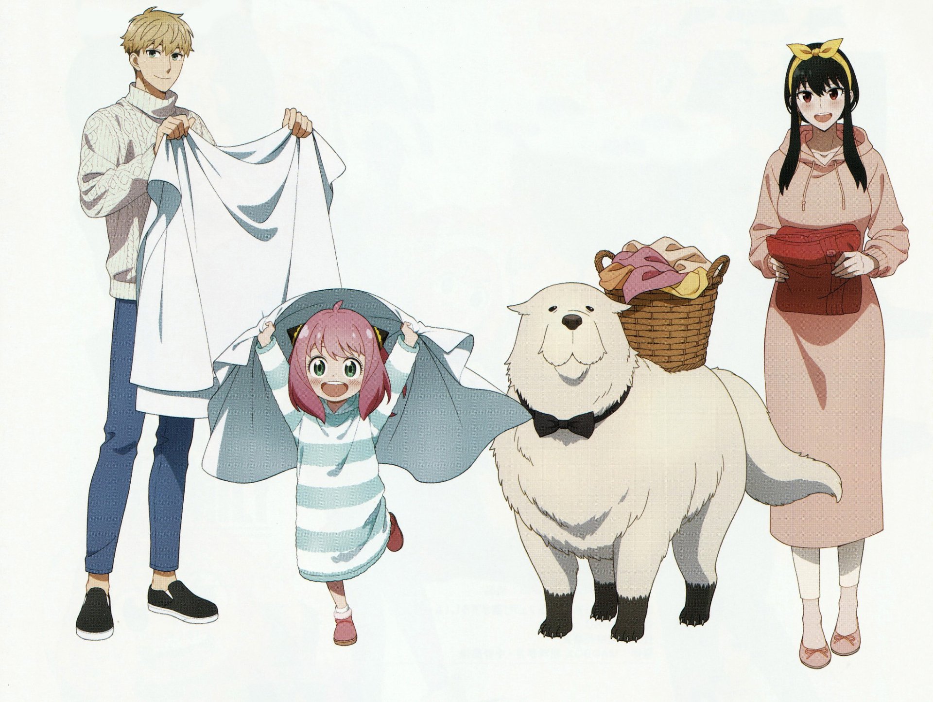 HD PC wallpaper of the Spy x Family anime featuring Loid Forger, Anya Forger, Yor Forger, and Bond with a playful family moment.