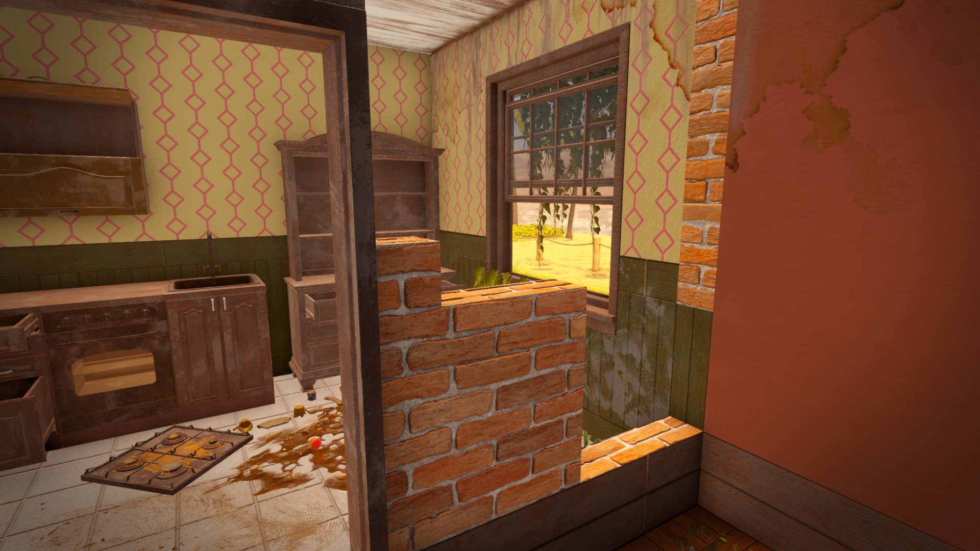 HD desktop wallpaper featuring a scene from House Flipper 2 showing a room under renovation with exposed brick and a retro wallpaper pattern.