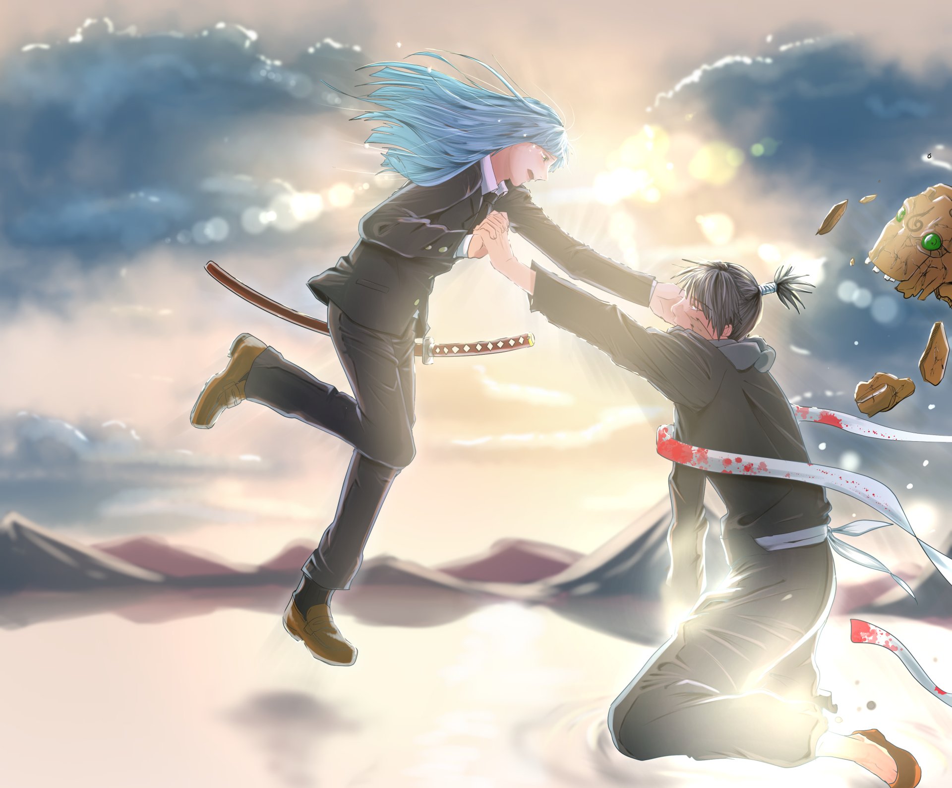 HD anime wallpaper featuring Kasumi Miwa and Kokichi Muta from Jujutsu Kaisen, with a dynamic sky background and expressive, action-packed pose.