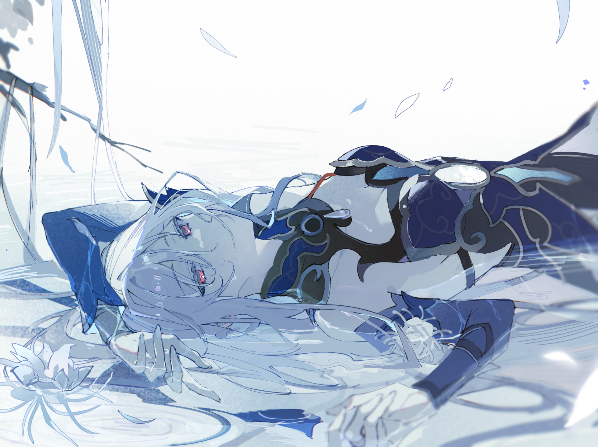 A serene HD wallpaper featuring Jingliu from Honkai: Star Rail, showcasing her ethereal beauty as she relaxes beside water and delicate flowers.