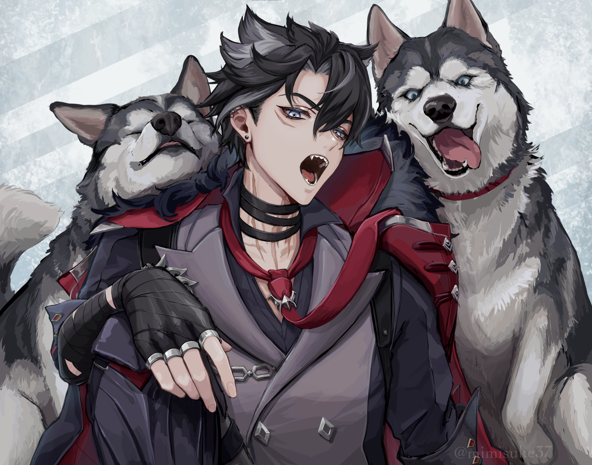Wriothesley from Genshin Impact poses fiercely with two enthusiastic dogs in this HD desktop wallpaper, showcasing a striking blend of character and emotion.