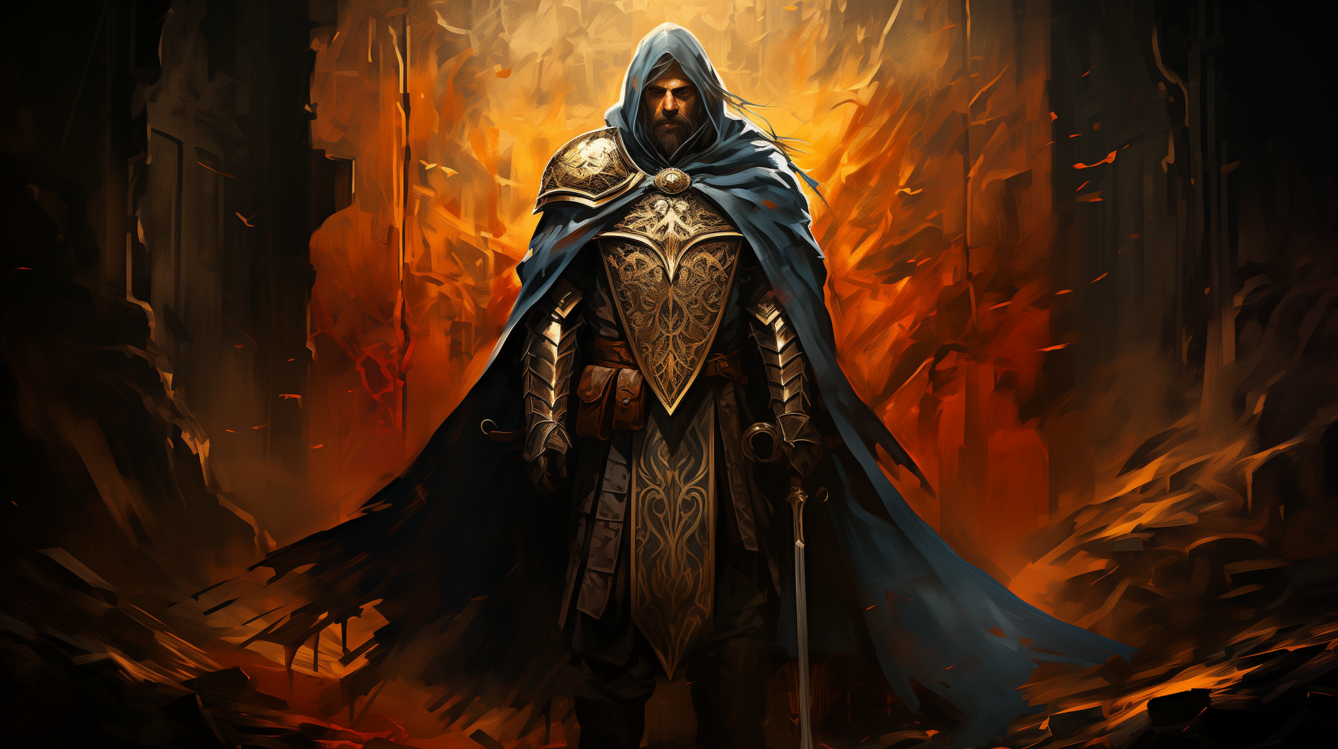 HD desktop wallpaper featuring an illustrated warrior with a cape standing in a fiery battlefield background.