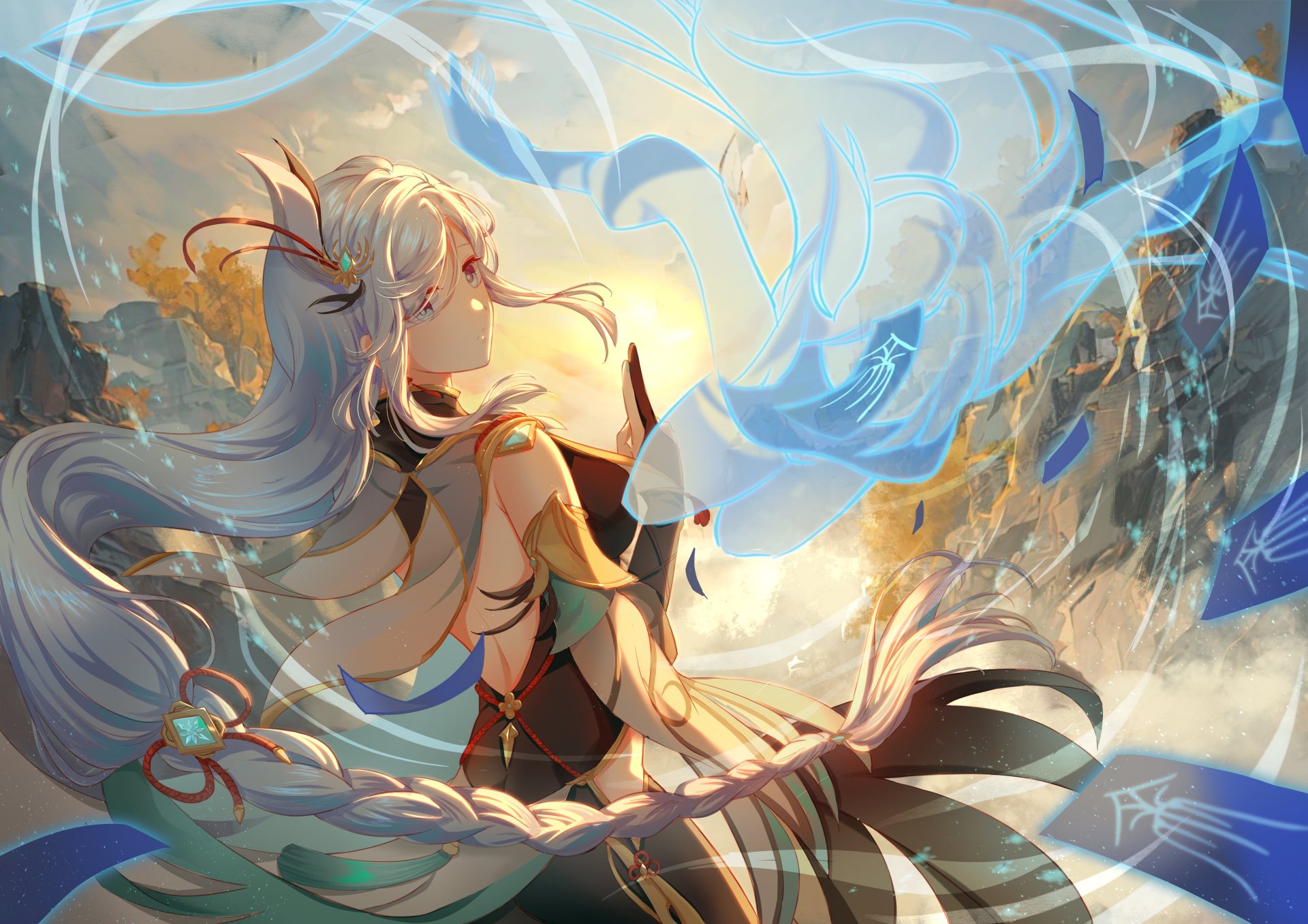 Shenhe from Genshin Impact in a detailed 4K Ultra HD PC desktop wallpaper, featuring her elegant pose and swirling blue energy effects.