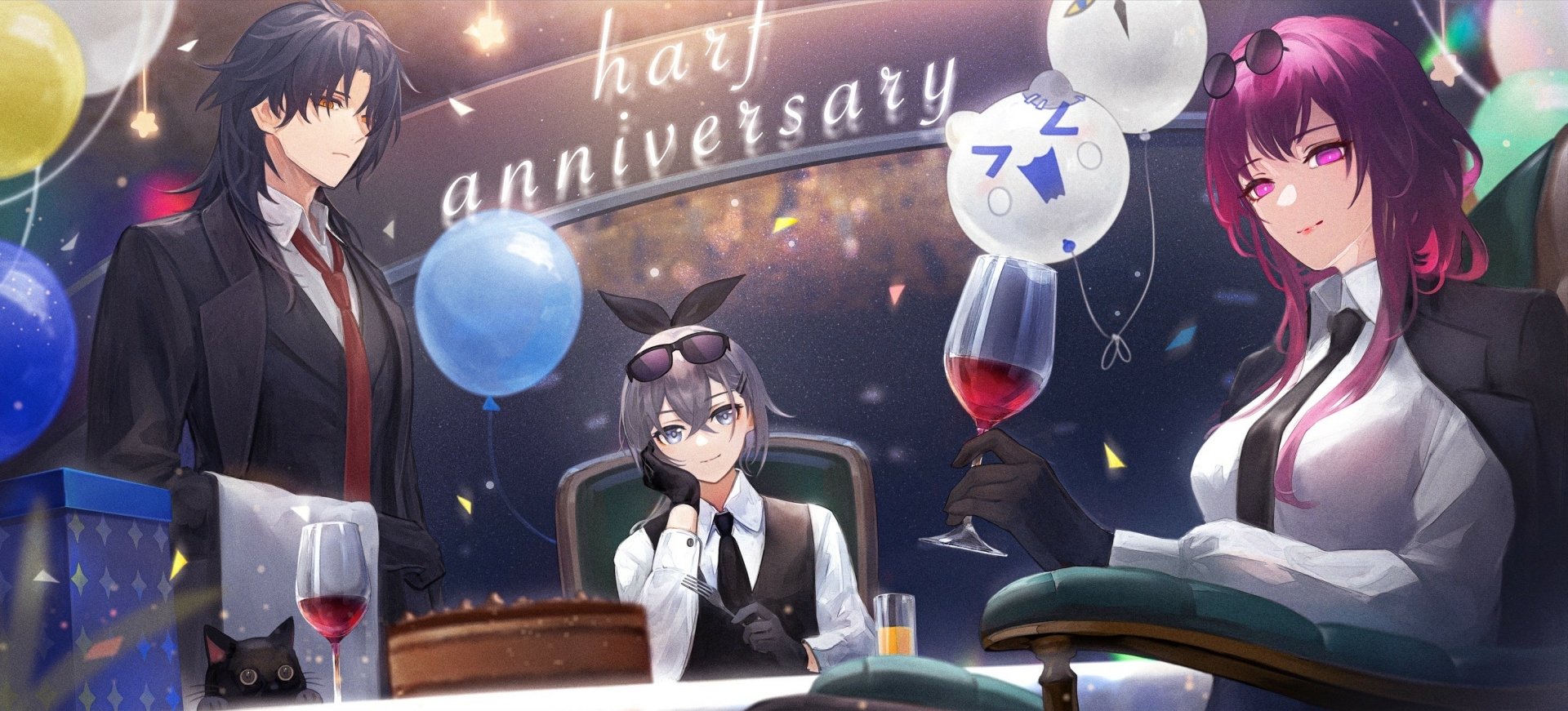 HD PC desktop wallpaper featuring Blade, Kafka, and Silver Wolf from the video game Honkai: Star Rail celebrating an anniversary with balloons and cake.