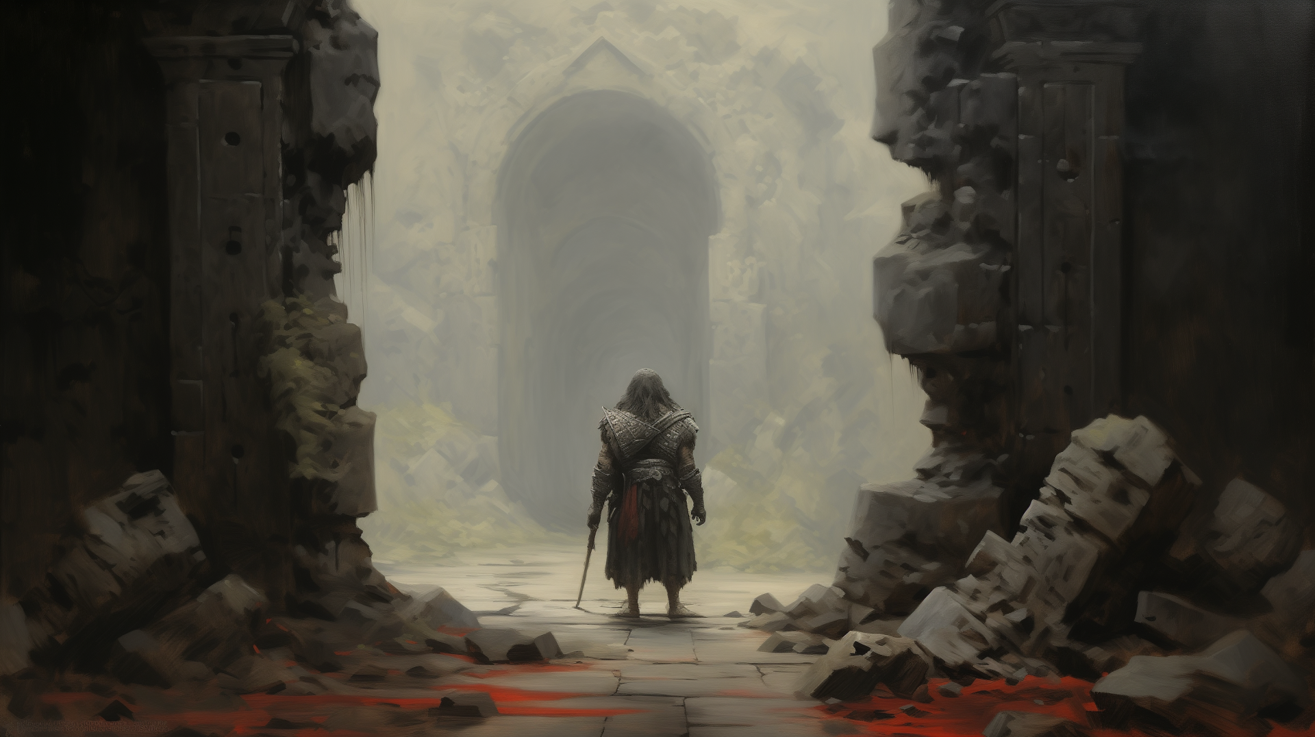 HD wallpaper featuring a warrior standing before the ruins of a castle with a grand arched entrance, embodying an epic medieval fantasy theme.