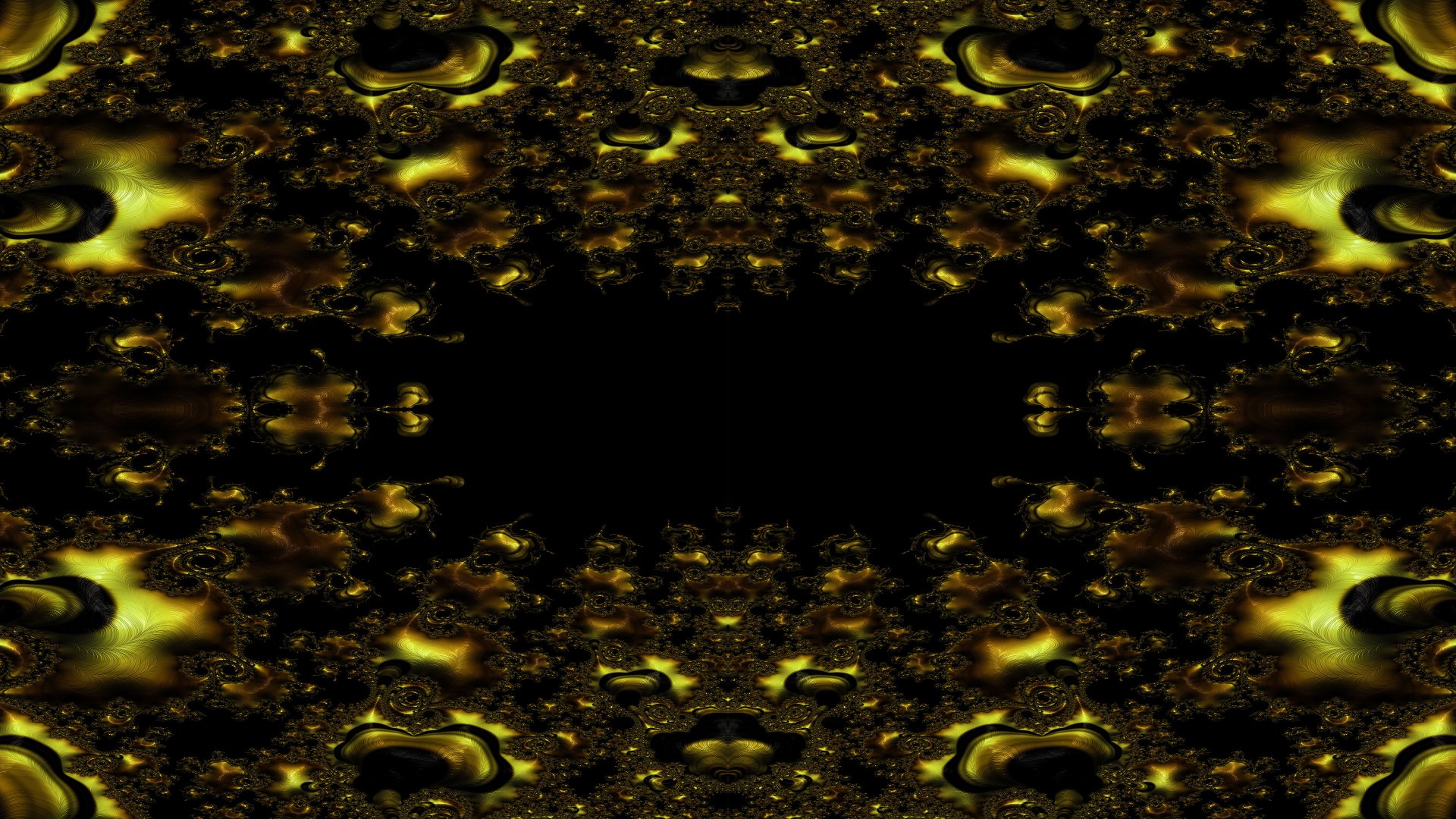 Trippy psychedelic dark fractal abstract in black and gold with mirrored symmetry, high-contrast aesthetic, 4K Ultra HD PC desktop wallpaper and background.