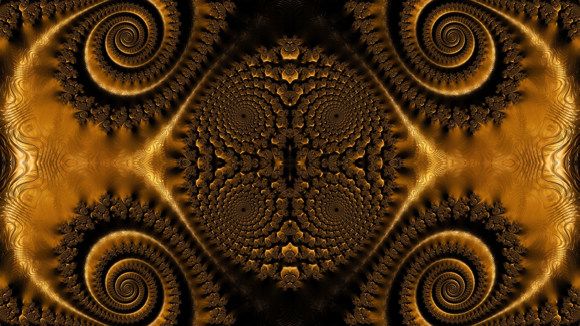 A dark, trippy psychedelic fractal design in vibrant orange tones, creating an intricate abstract pattern in 4K Ultra HD.