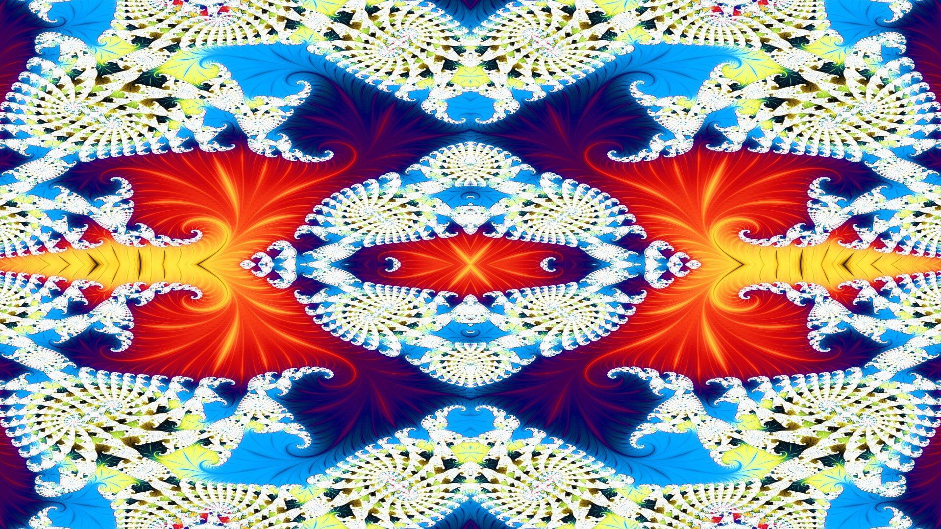 A vibrant trippy fractal design in blue, red, and white hues creating an intricate abstract pattern, rendered in 4K Ultra HD for PC desktop wallpaper.