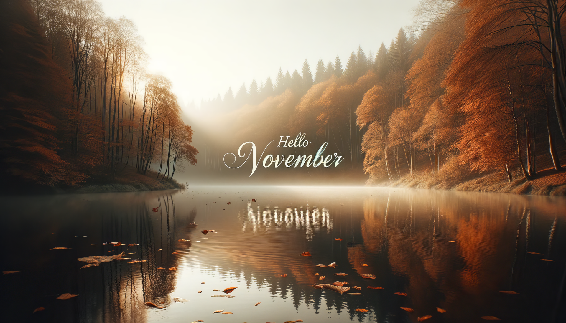 HD desktop wallpaper depicting a serene November scene with misty, autumn-colored trees flanking a calm lake, and Hello November text overlay.
