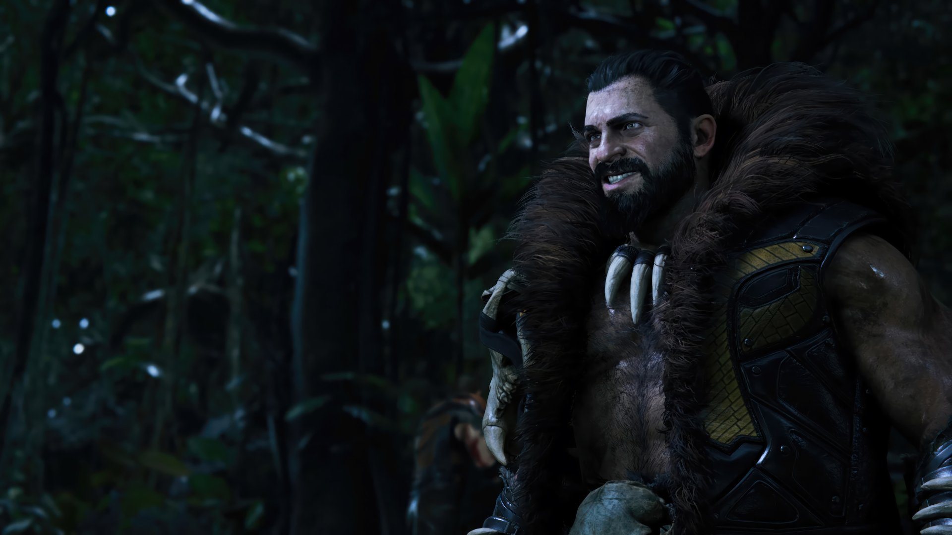 Kraven the Hunter from Marvel's Spider-Man 2 in a high-definition desktop wallpaper, featuring the character within a dark forest setting.