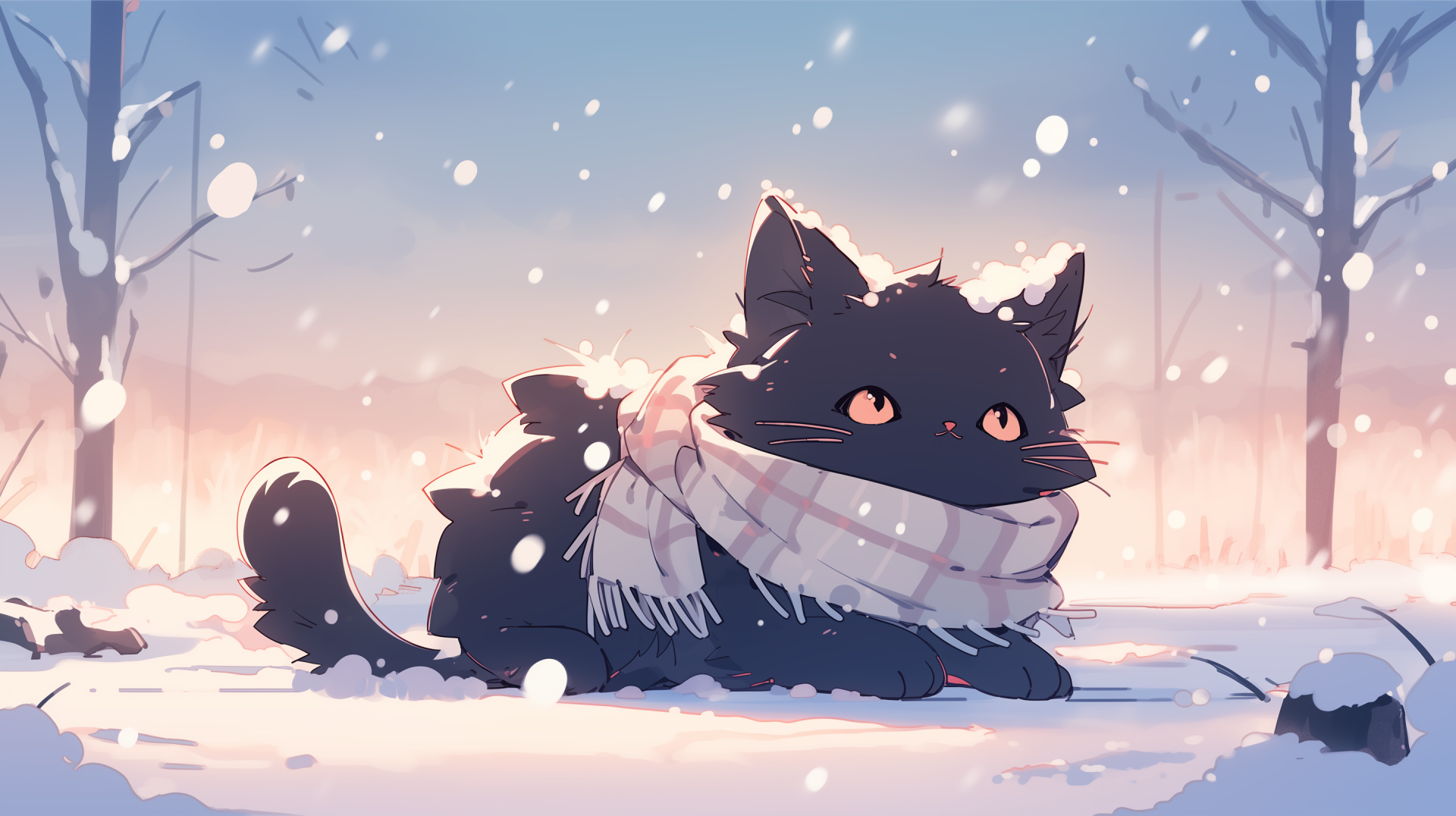 Black Cat in Snowy Winter Wonderland HD Wallpaper by Laxmonaut