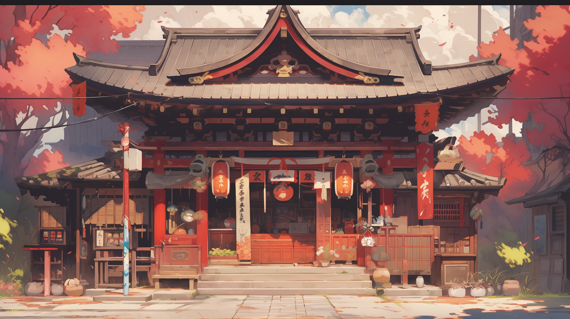 A vibrant anime-inspired depiction of a traditional Osaka building, featuring red lanterns and autumn foliage, serving as a stunning HD desktop wallpaper.