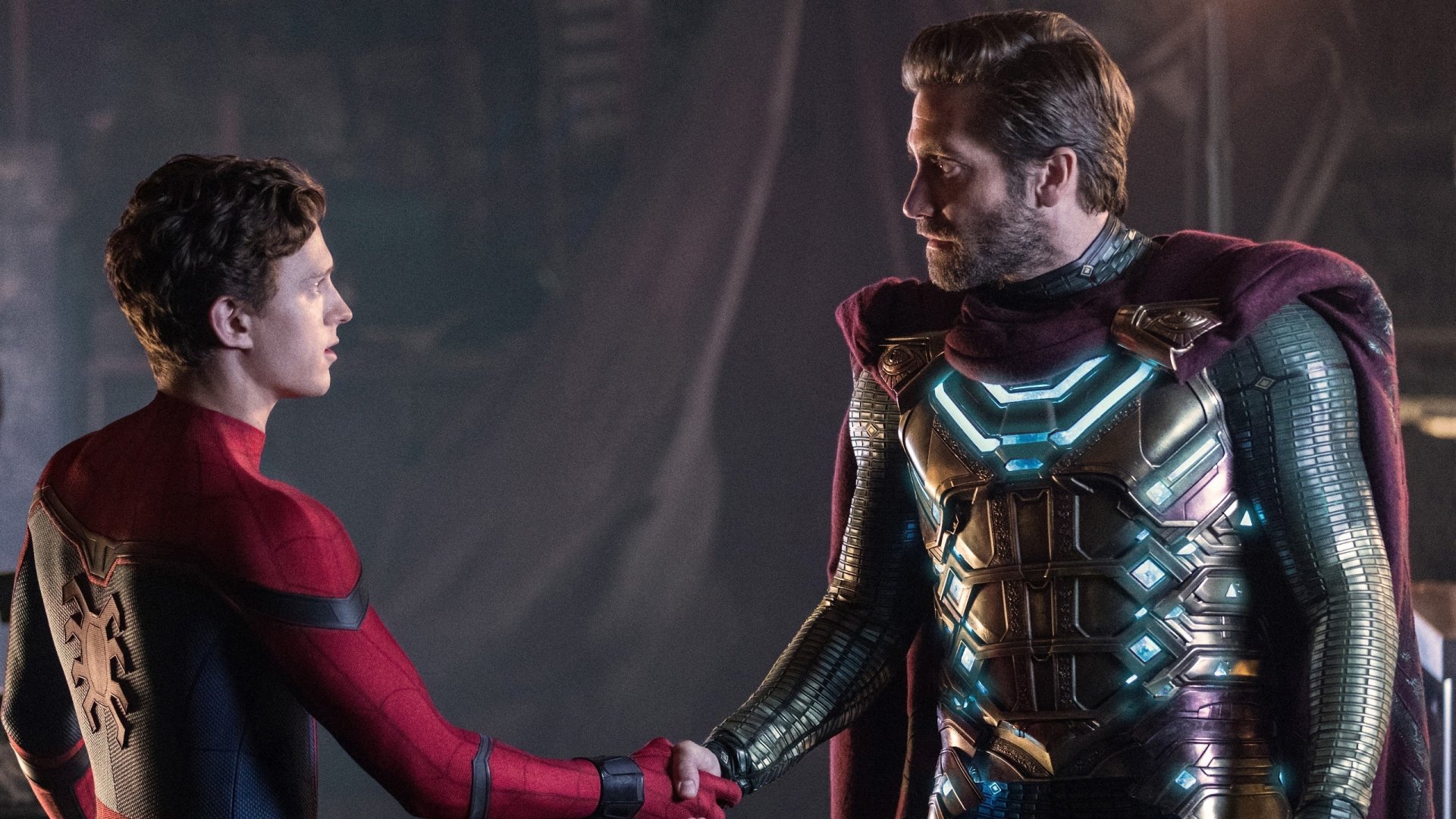 Spider-Man and Mysterio handshake from Spider-Man: Far From Home HD wallpaper.
