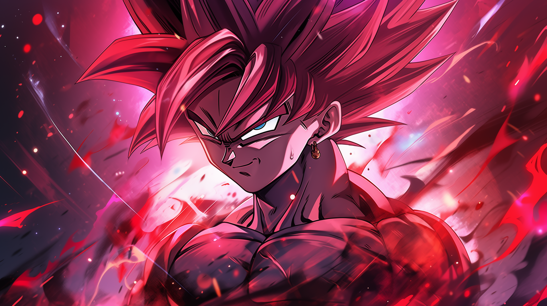 HD wallpaper of Goku using Kaioken, from Dragon Ball Z, displayed with a vibrant red and pink energy background.